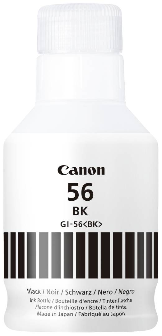 Weiße Tintenflasche von Canon, Modell GI-56BK, mit 135 ml Inhalt. Aufschrift in mehreren Sprachen, darunter 'Schwarz' und 'Made in Japan'.