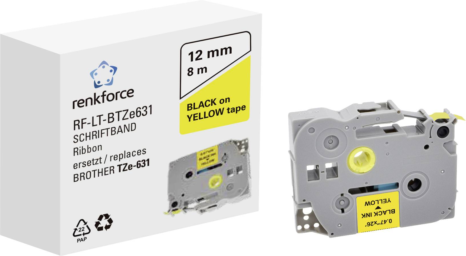 Renkforce RF-LT-BT2e631 Schriftband, 12 mm x 8 m, schwarz auf gelbem Band. Ersetzt Brother TZe-631.