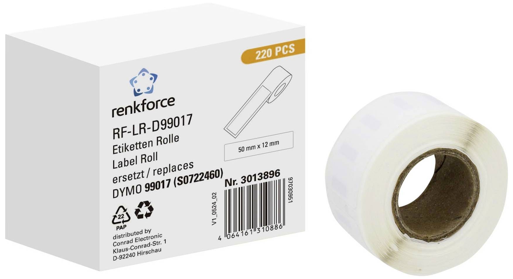 'Renkforce Etikettenrolle', Modell RF-LR-D99017, 220 Stück, kompatibel mit DYMO 99017. Abgebildet: Verpackung und Rolle.