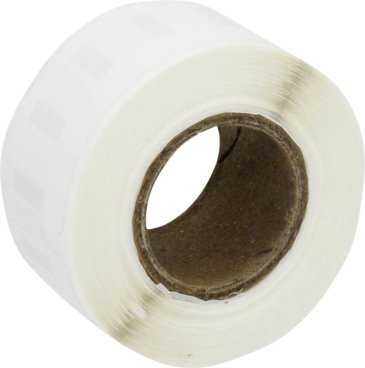 Weiße Papieretikettenrolle, die leicht diagonal angezeigt wird, mit braunem Pappkern.