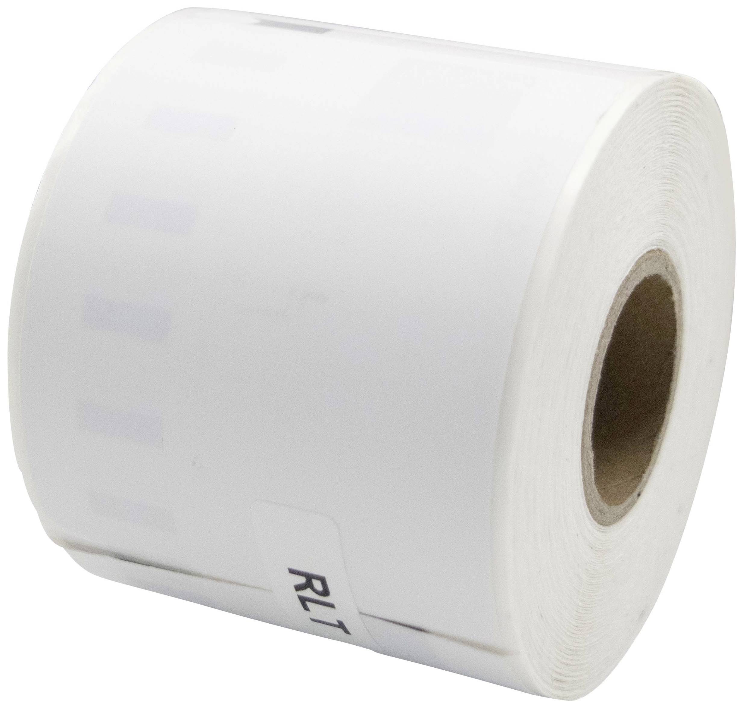 Fotografie von einer Rolle weißer Etiketten mit einem braunen Pappkern, die zum Bedrucken oder Beschriften verwendet werden kann.