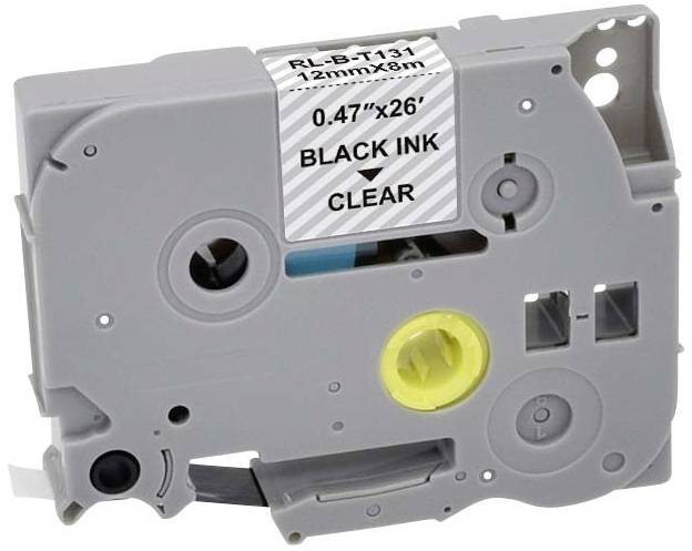 Kassette mit Etikettenband, Aufdruck 'RL-B-T131, 12mmx8m, Black Ink, Clear', graues Gehäuse, gelbe und schwarze Rollen sichtbar.