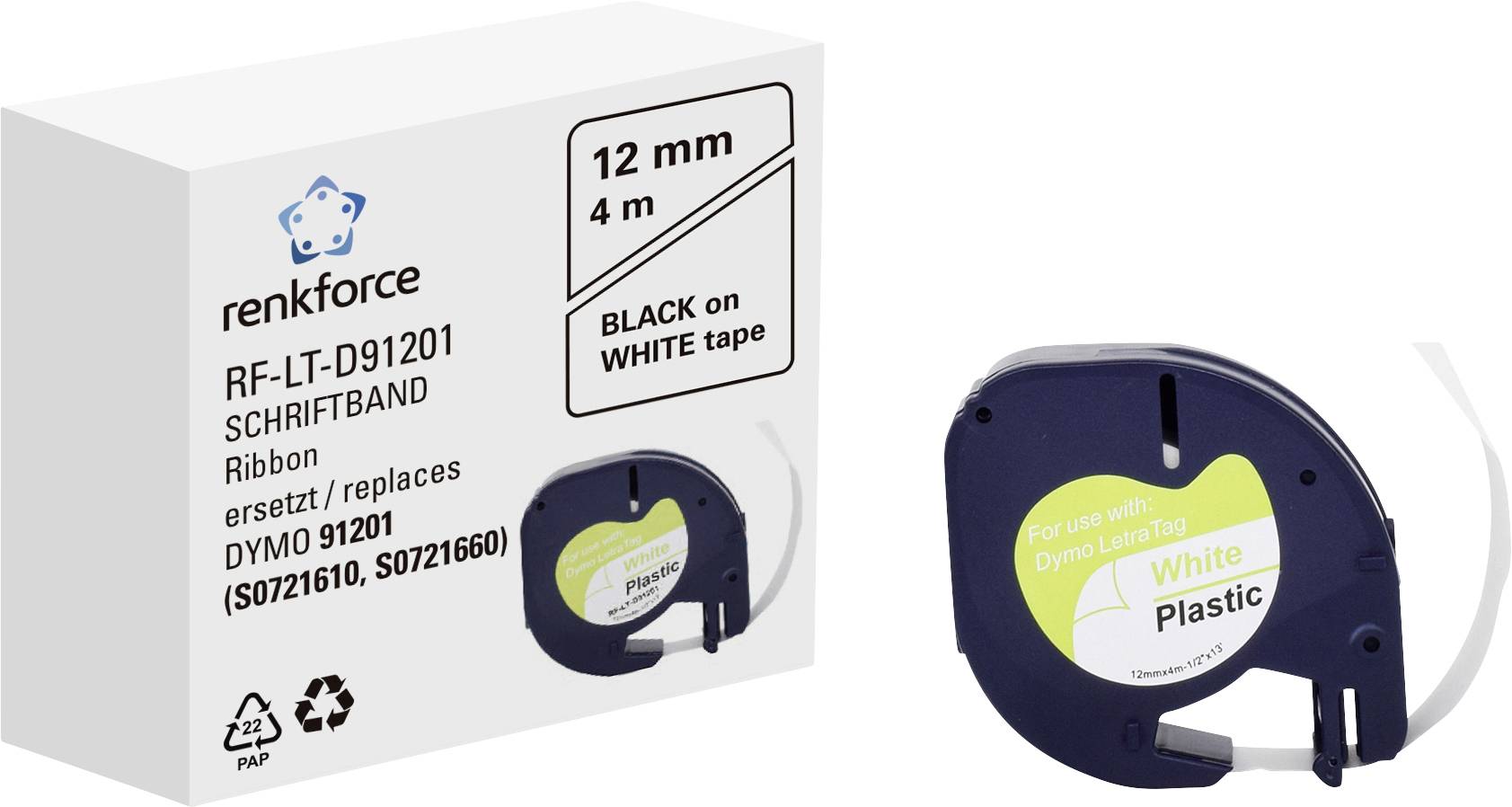 Etikettenbandverpackung und -kassette der Marke Renkforce, schwarz auf weiß, 12 mm Breite, 4 m Länge, kompatibel mit Dymo 91201.