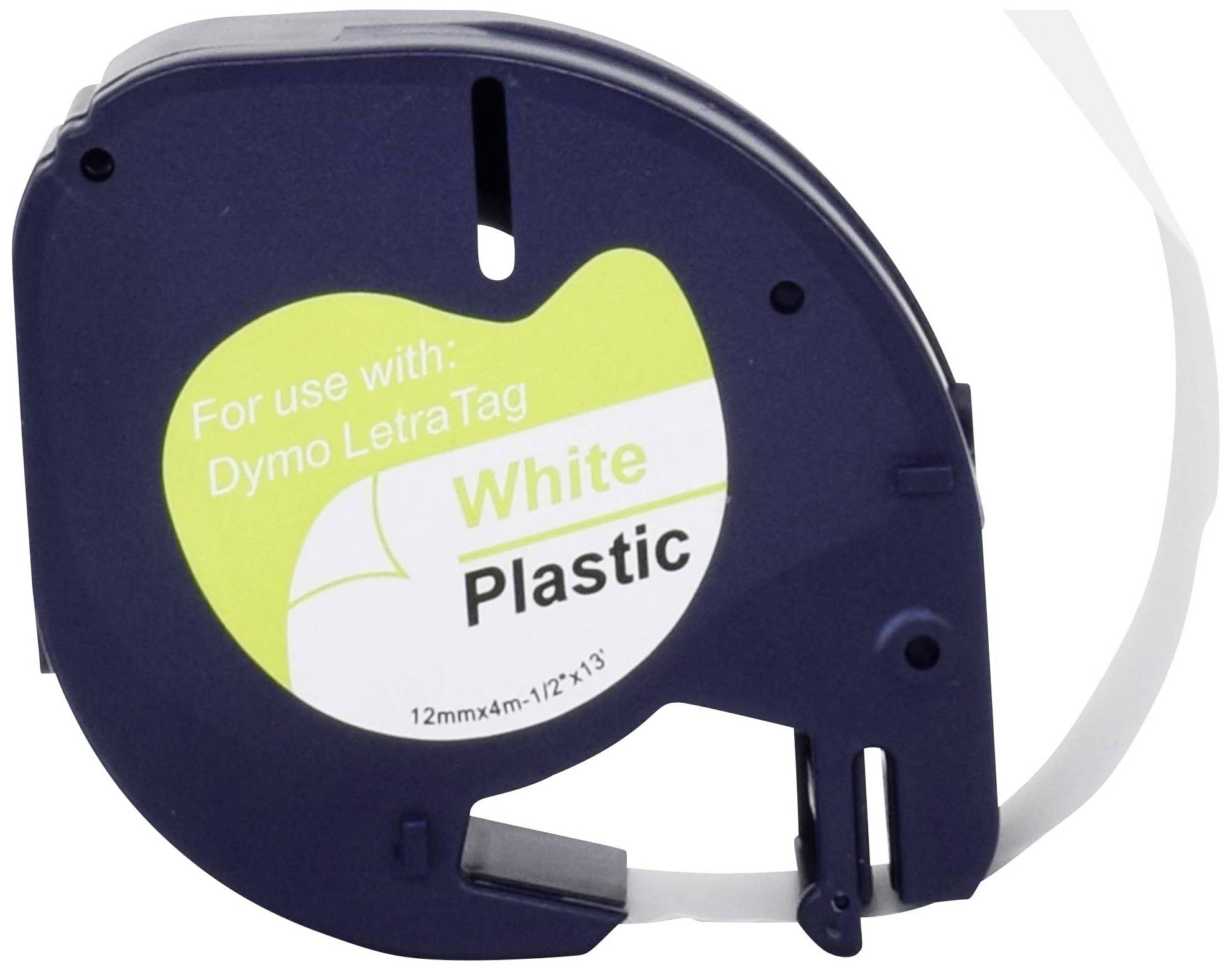 Etikettenkassette für Dymo LetraTag, weißes Plastikband, 12mm x 4m, geeignet zum Beschriften verschiedener Oberflächen.