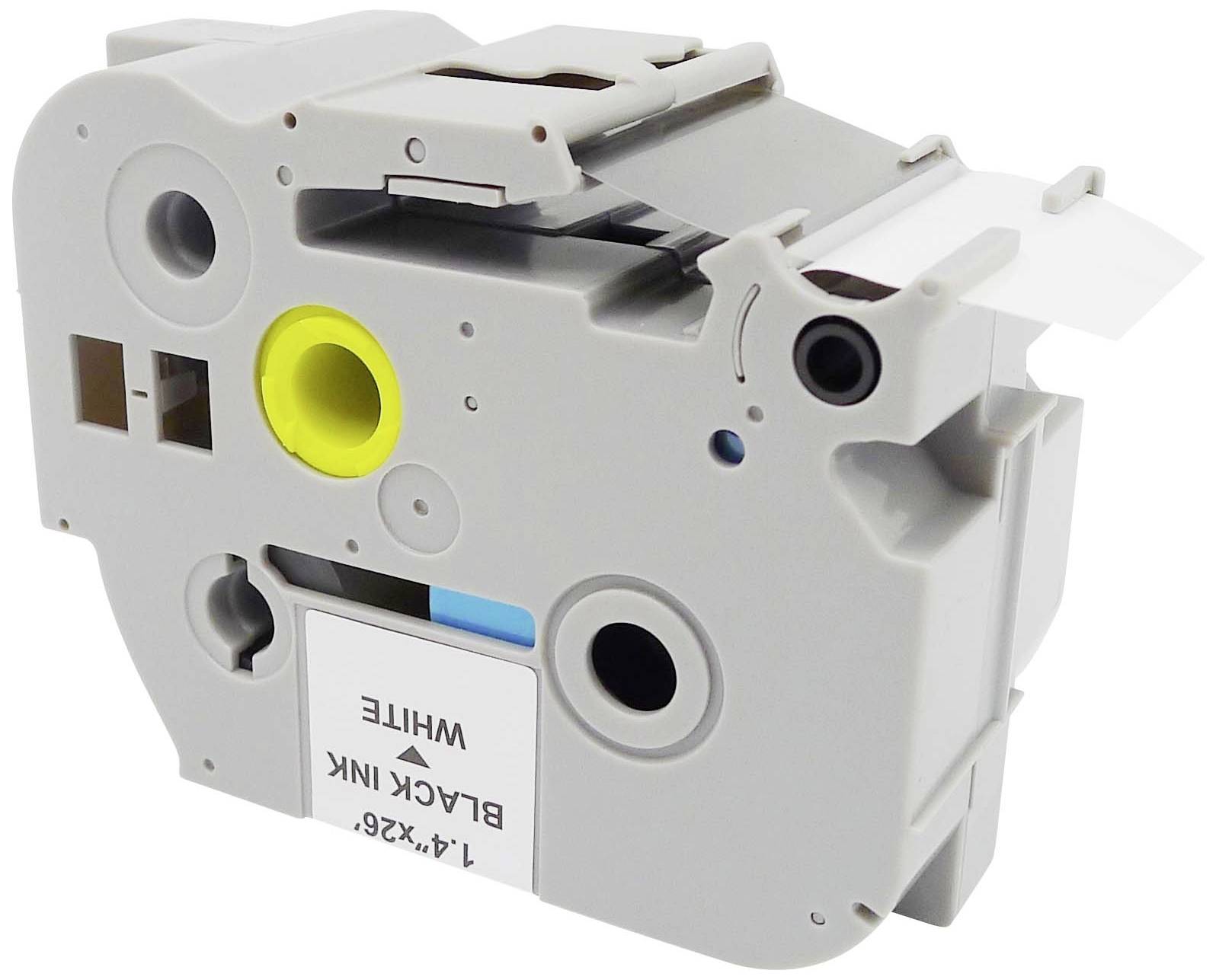 Eine graue Kartusche mit gelbem und blauem Akzent, möglicherweise ein Druckerband oder eine Tintenpatrone.