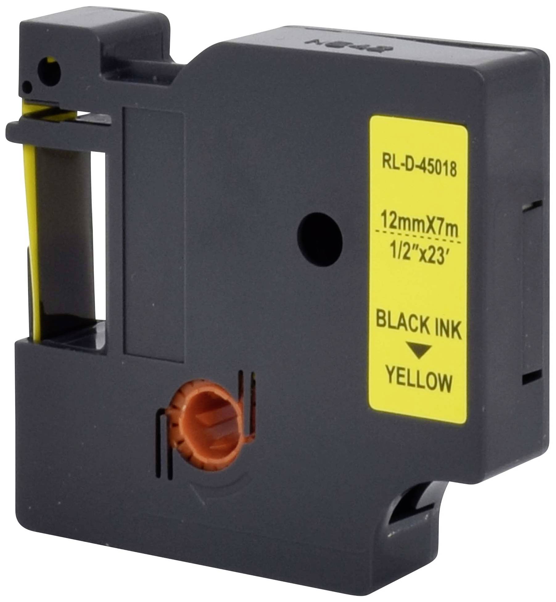 Schwarze Druckkassette mit gelbem Etikett, das 'BLACK INK' und 'YELLOW' zeigt. Enthält Maße 12mm x 7m, für Etikettiergerät.