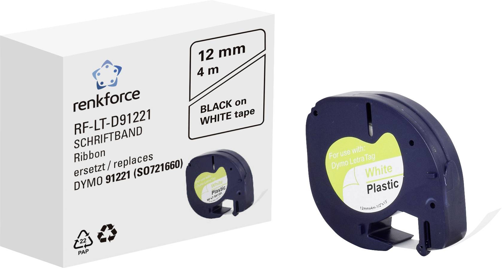 Etikettenband von Renkforce mit 12 mm Breite und 4 m Länge, passend für Dymo LabelWriter. Schwarzer Druck auf weißem Band.
