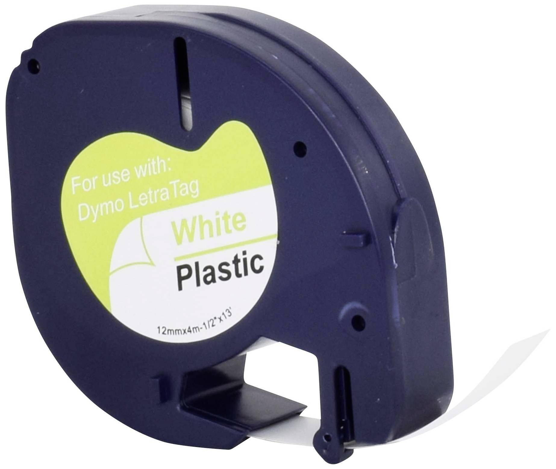 Kassetteneinheit in Schwarz mit Aufkleber 'White Plastic' für Dymo LetraTag Beschriftungsgerät.