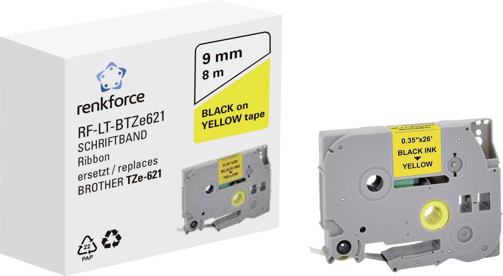 Eine Verpackung für Renkforce Schriftband, Modell RF-LT-BTz621, zeigt '9 mm 8 m BLACK on YELLOW tape'. Ersatz für Brother TZe-621.