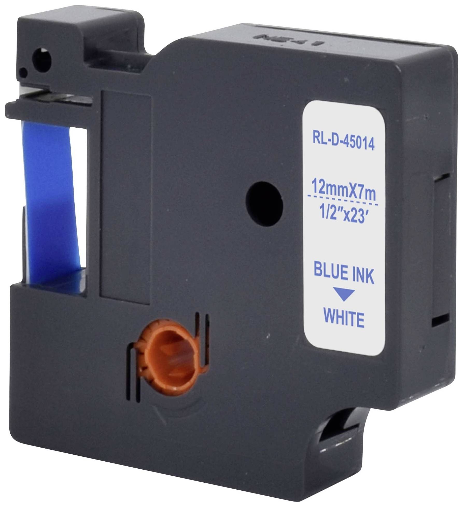 Ein blau-weißes Etikettenband mit den Maßen 12 mm × 7 m. Auf der Seite steht: 'RL-D-45014', 'BLUE INK WHITE'.