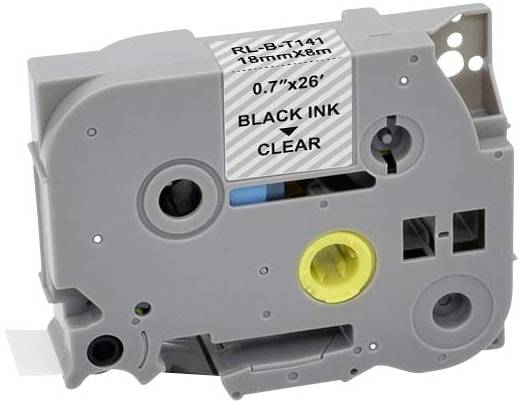Graue Kassette mit der Aufschrift 'RL-B-T141 18mm×8m' und 'BLACK INK'. Enthält schwarze Tinte. Eignet sich für Druck- oder Etikettiergeräte.