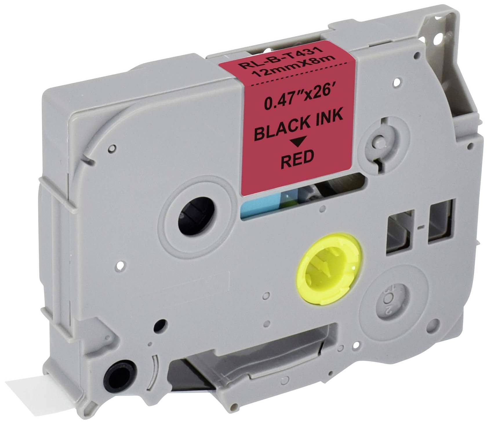 Graue Etikettenkassette mit rotem Aufkleber, beschriftet mit 'BLACK INK RED', für ein Beschriftungsgerät. Maße: 0,47