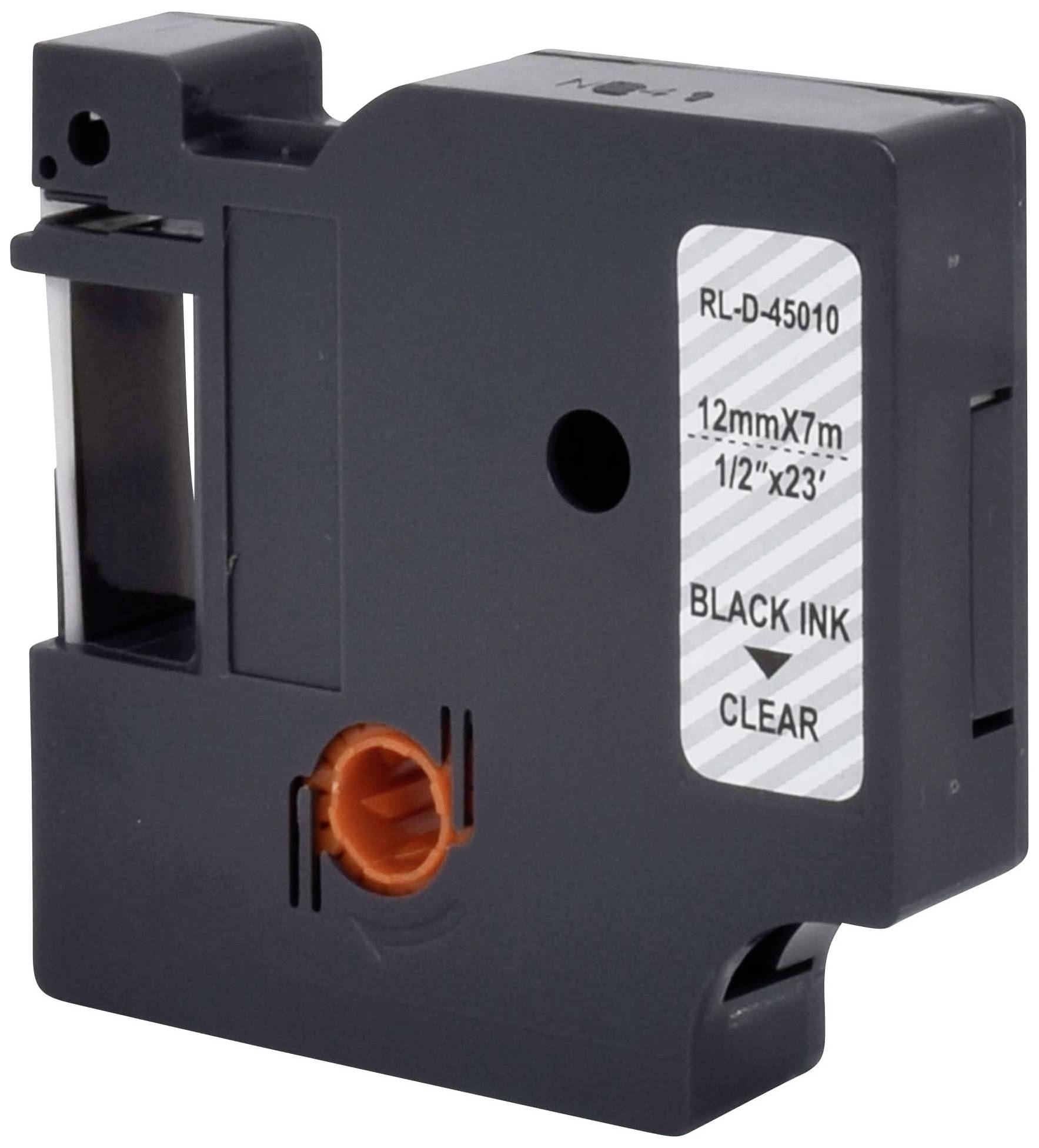 Eine schwarze Farbbandkassette, beschriftet mit 'BLACK INK', '12mmX7m', '1/2