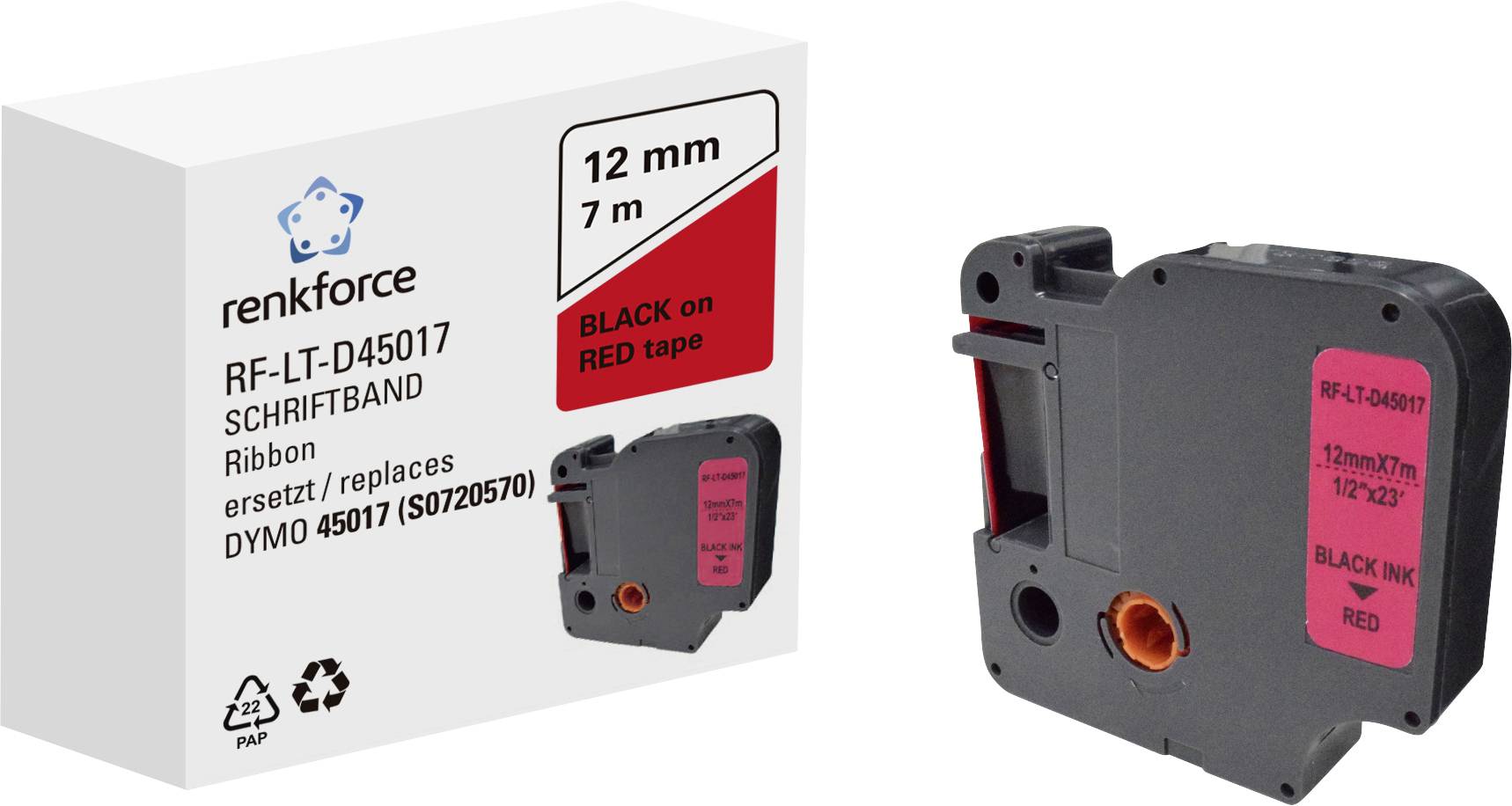 Renkforce Schriftband RF-LT-D45017 Kompatibel ersetzt DYMO D1 - 45017 12 mm Bandfarbe: Rot Schriftf