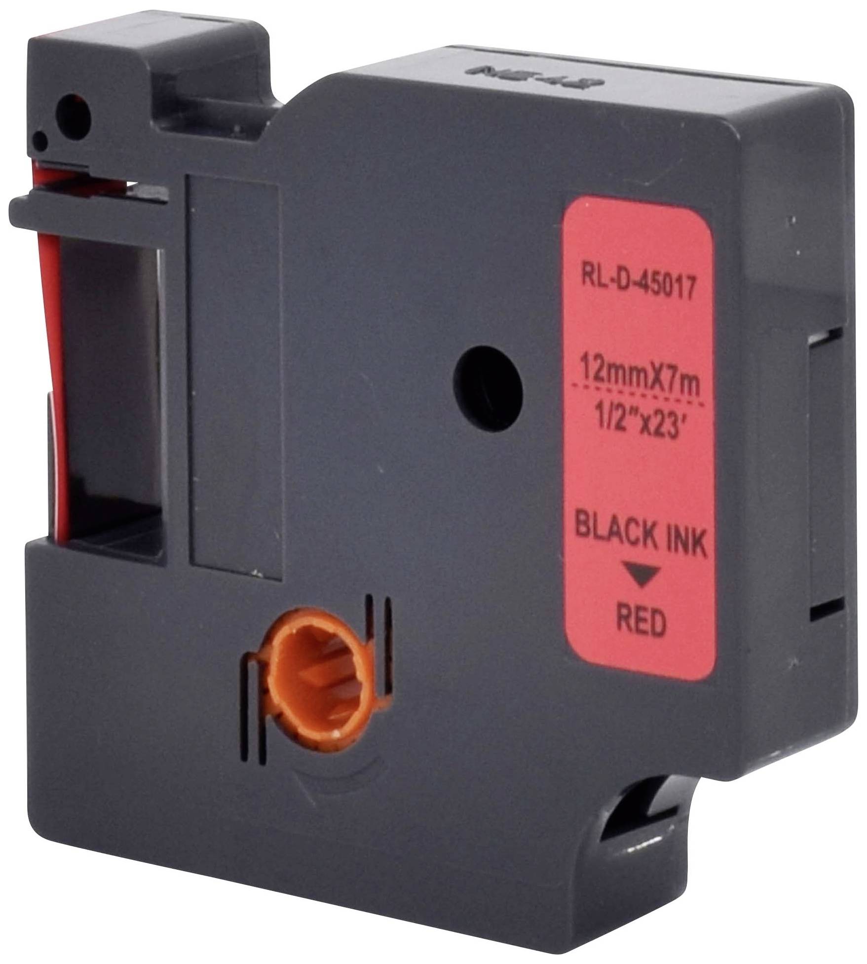 Ein schwarzes Druckerband mit rotem Etikett, auf dem steht: 'RL-D-45017, 12mm x 7m, 1/2