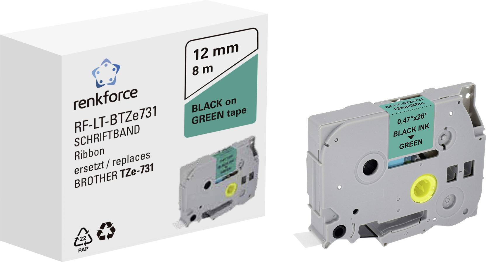 Etikettenband 'RF-LT-BTZe731' von renkforce, 12 mm x 8 m, Schwarz auf Grün, ersetzt Brother TZe-731. Links ist die Verpackung, rechts die Kassette.