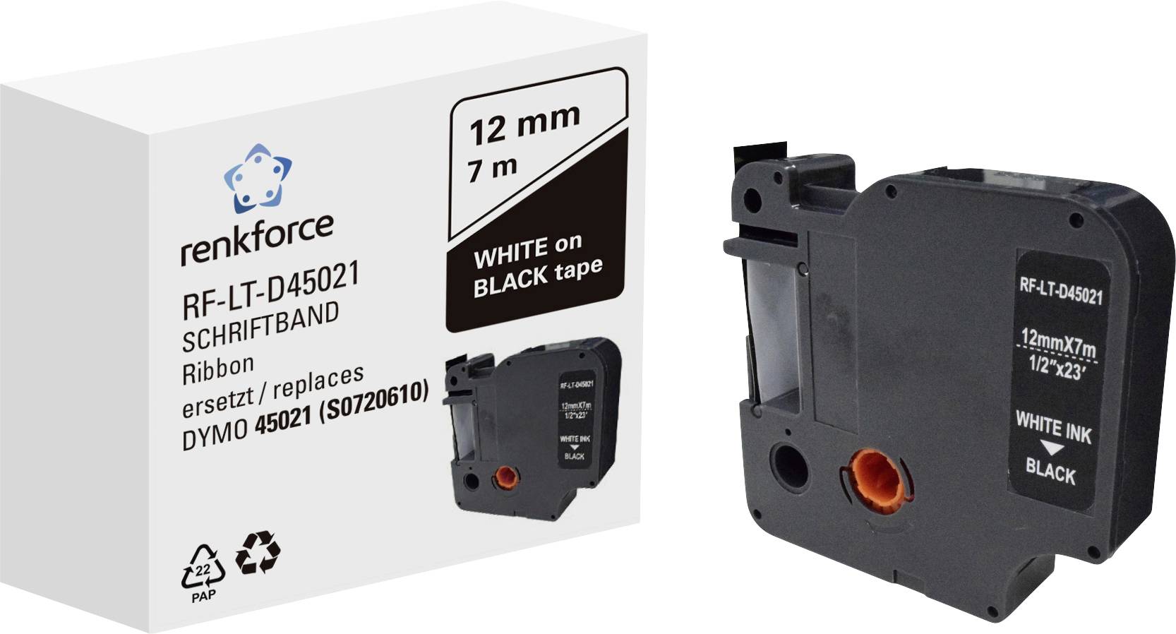 Schriftbandkassette und Verpackung von renkforce, Modell RF-LT-D45021. Ersatz für DYMO 45021, 12 mm x 7 m, mit weißer Schrift auf schwarzem Band.