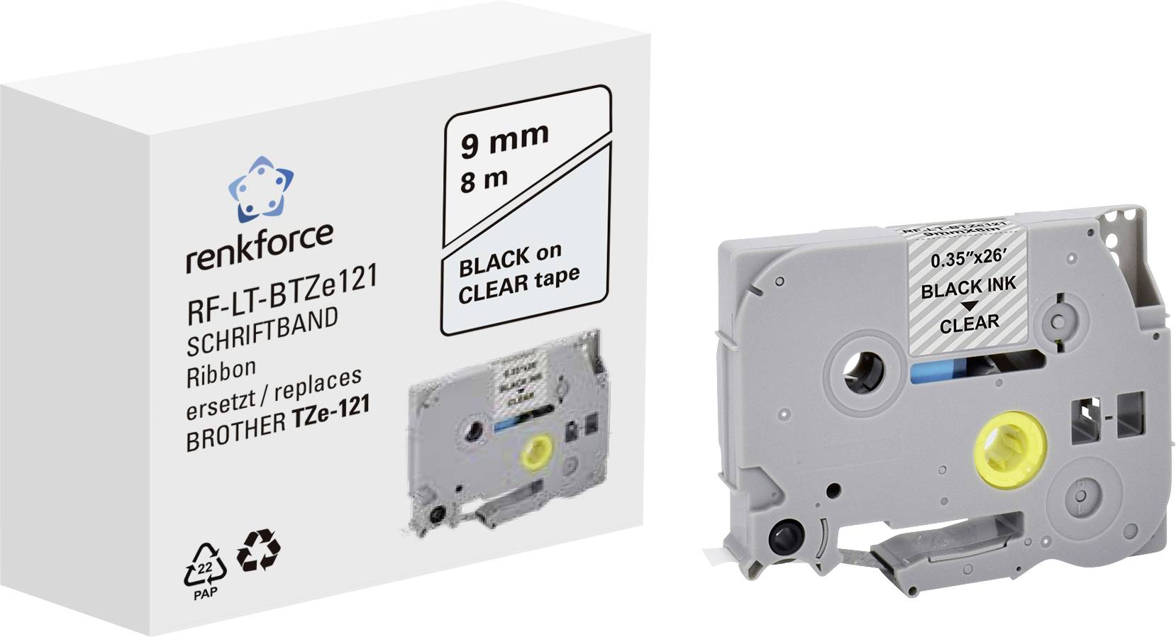 Bandkassette mit der Aufschrift 'BLACK on CLEAR tape', passend für Brother TZe-121. Verpackung zeigt kompatible Modelle und Spezifikationen.