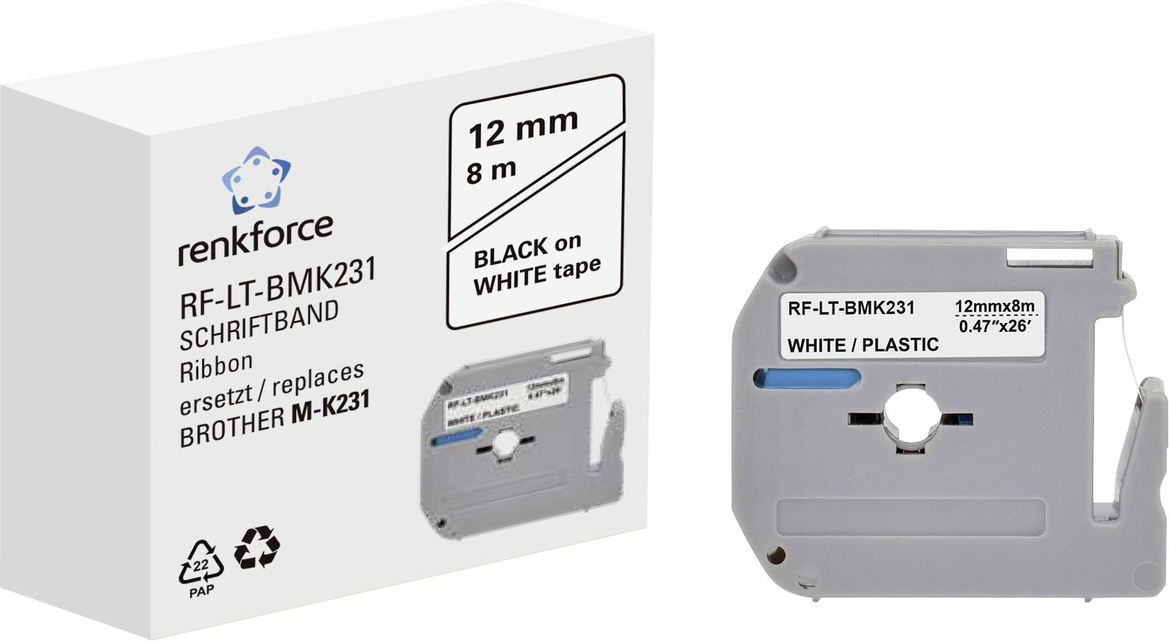 Ein Schriftband mit der Bezeichnung RF-LT-BMK231 von Renkforce. Maße: 12 mm x 8 m. Ersatz für Brother M-K231. Farbe: Schwarz auf Weiß.