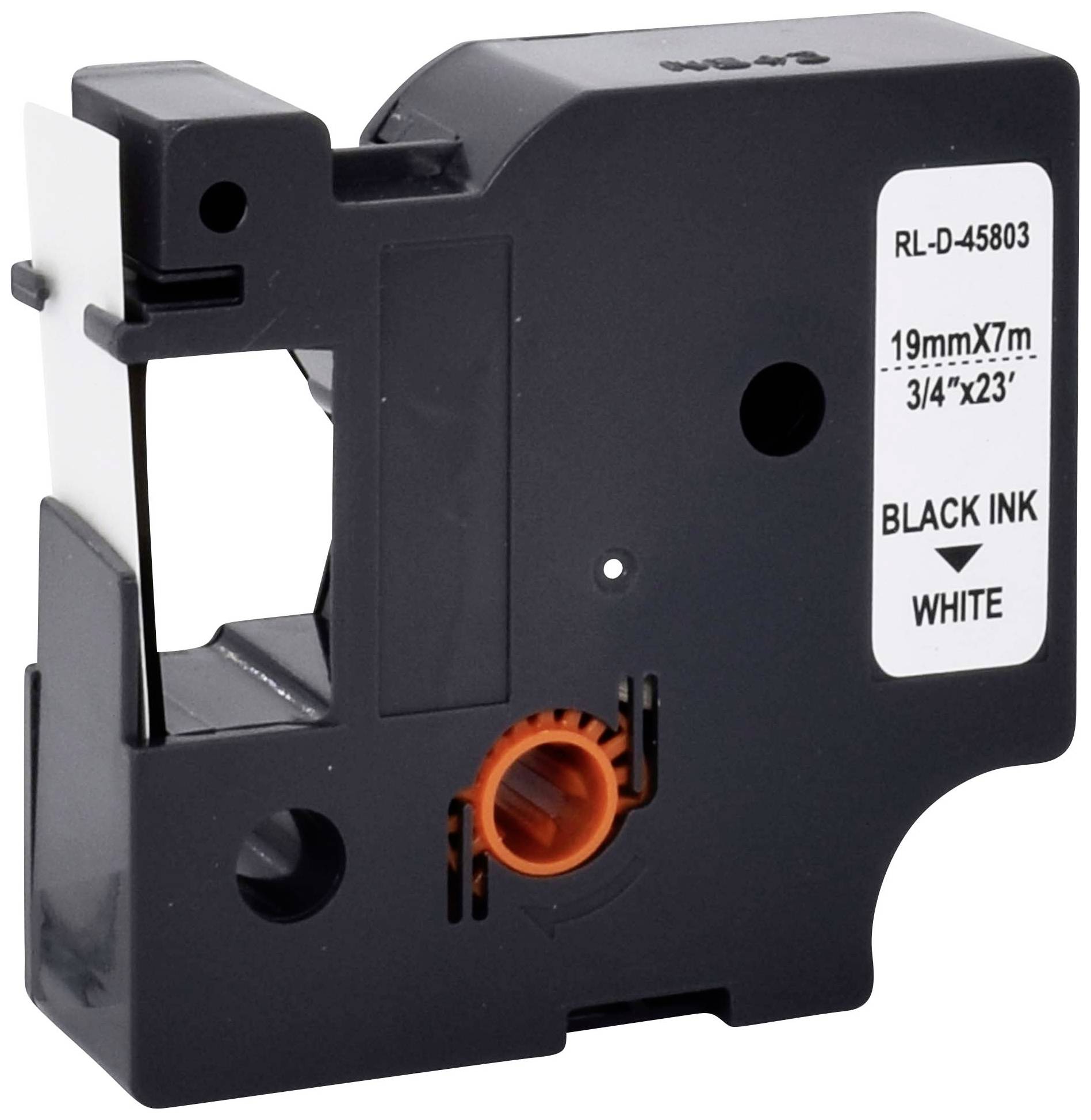 Schwarzes und weißes Etikettenbandkassette, 19 mm breit, 7 m lang, mit schwarzer Tinte auf weißem Hintergrund.