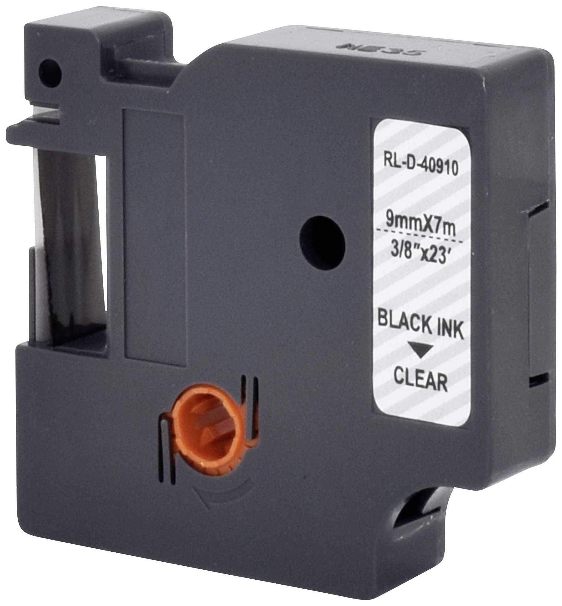 Schwarze Etikettenkassette mit der Aufschrift 'BLACK INK'. Größe: 9mm x 7m. Gehäuse ist schwarz mit einem orangefarbenen Rädchen.