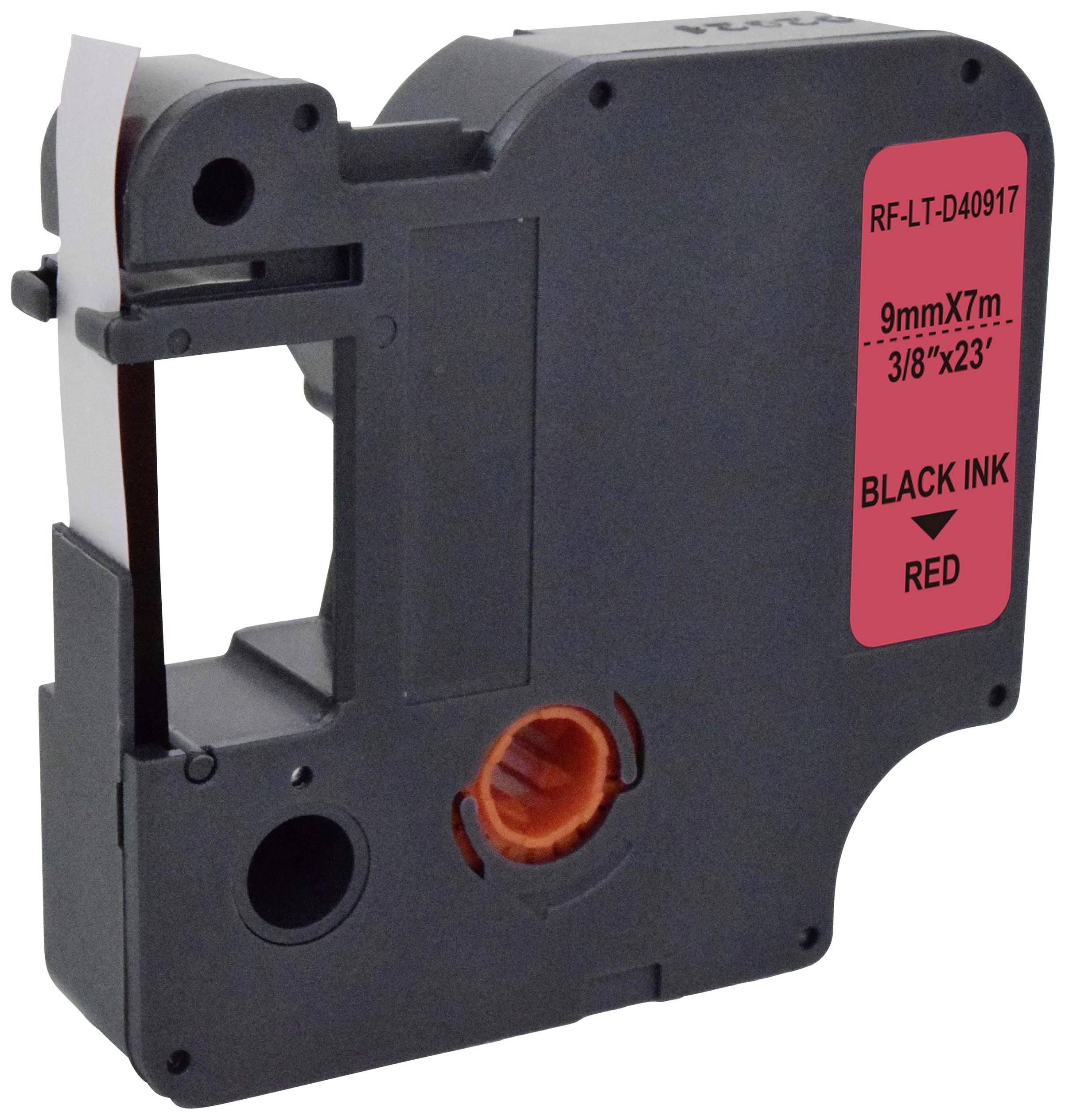 Eine schwarze Etikettenkassette mit der Aufschrift '9mm x 7m, schwarze Tinte auf rotem Hintergrund'.