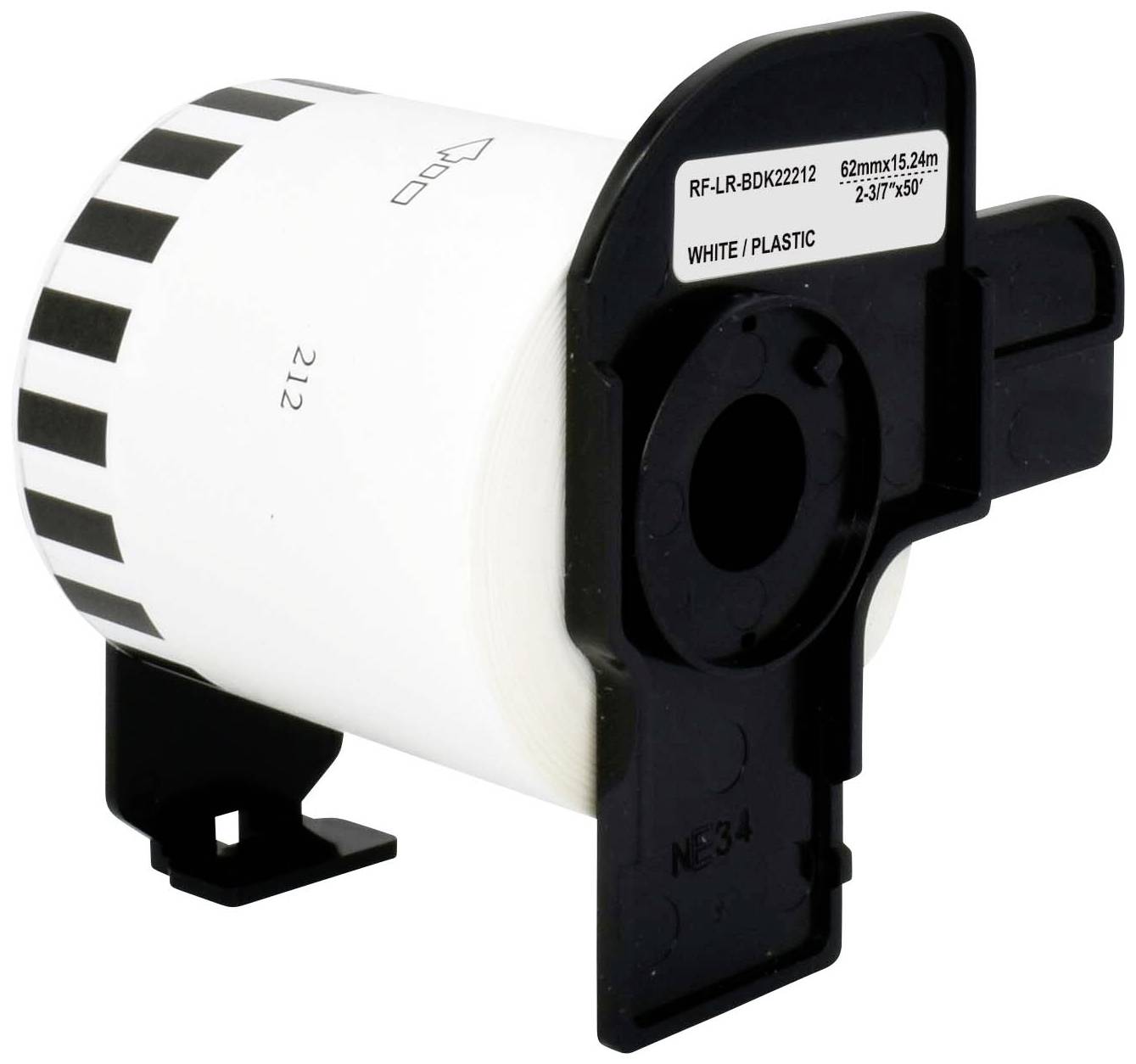 Etikettenrolle für Drucker, weiß, 62 mm x 15,24 m, auf schwarzer Spule.