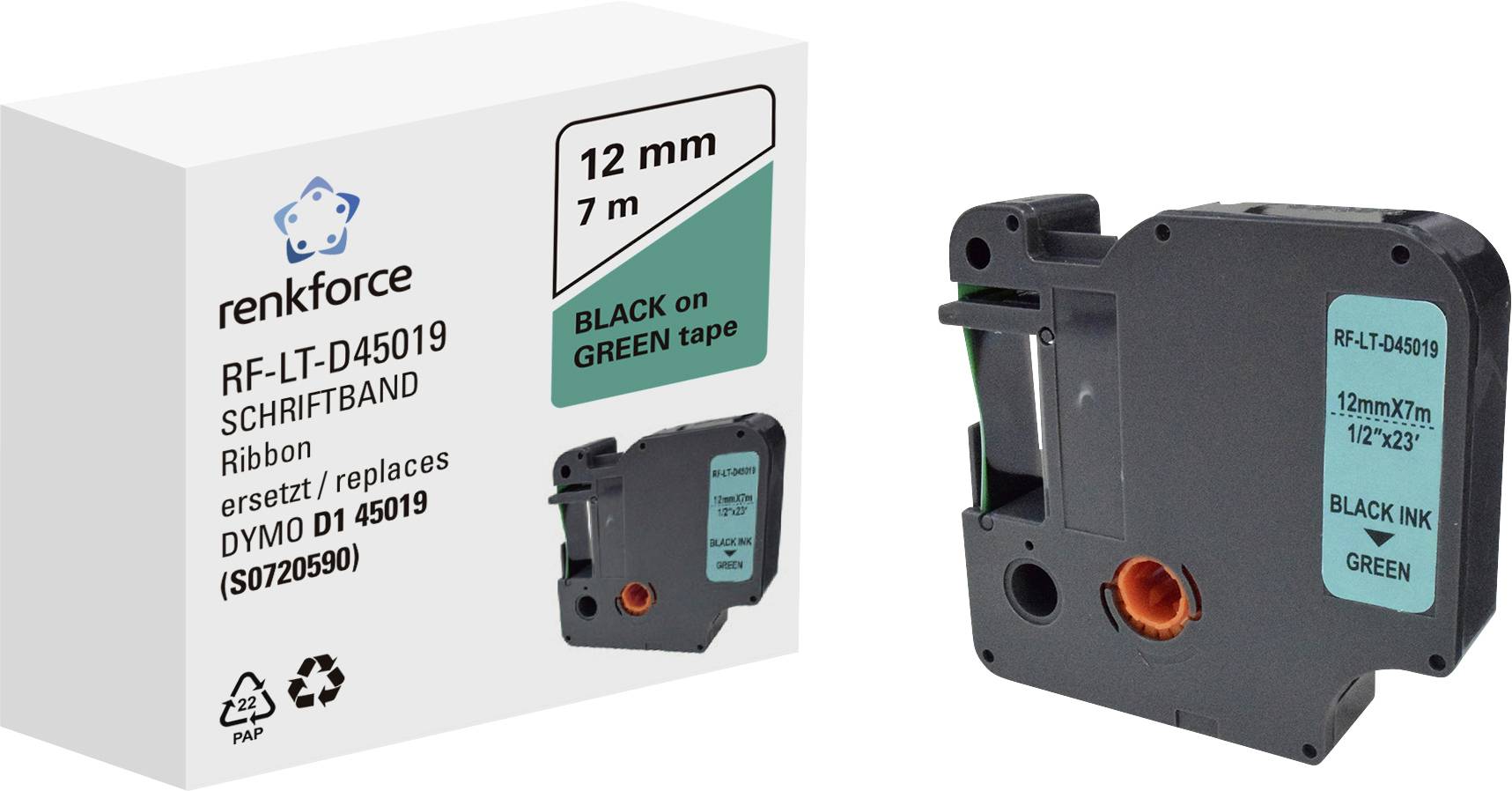 Eine Kartusche mit schwarzem Band auf grünem Hintergrund. Aufdruck 'RF-LT-D45019', ersetzt DYMO D1 45019, Maße: 12 mm x 7 m.