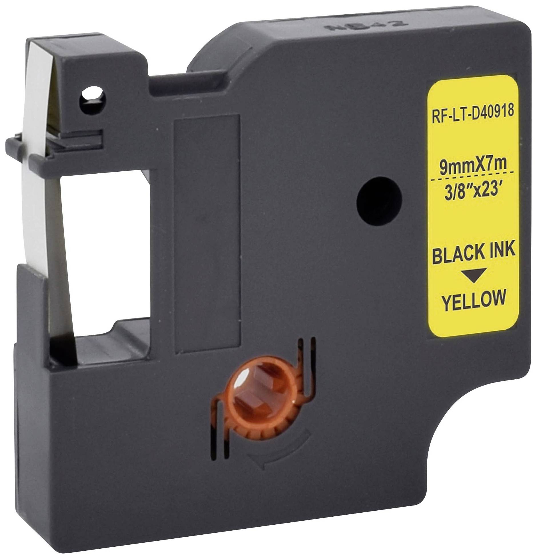 Etikettenbandkassette mit schwarzer Tinte auf gelbem Hintergrund, Größe 9mm x 7m. Kompatibel mit speziellen Druckermodellen.