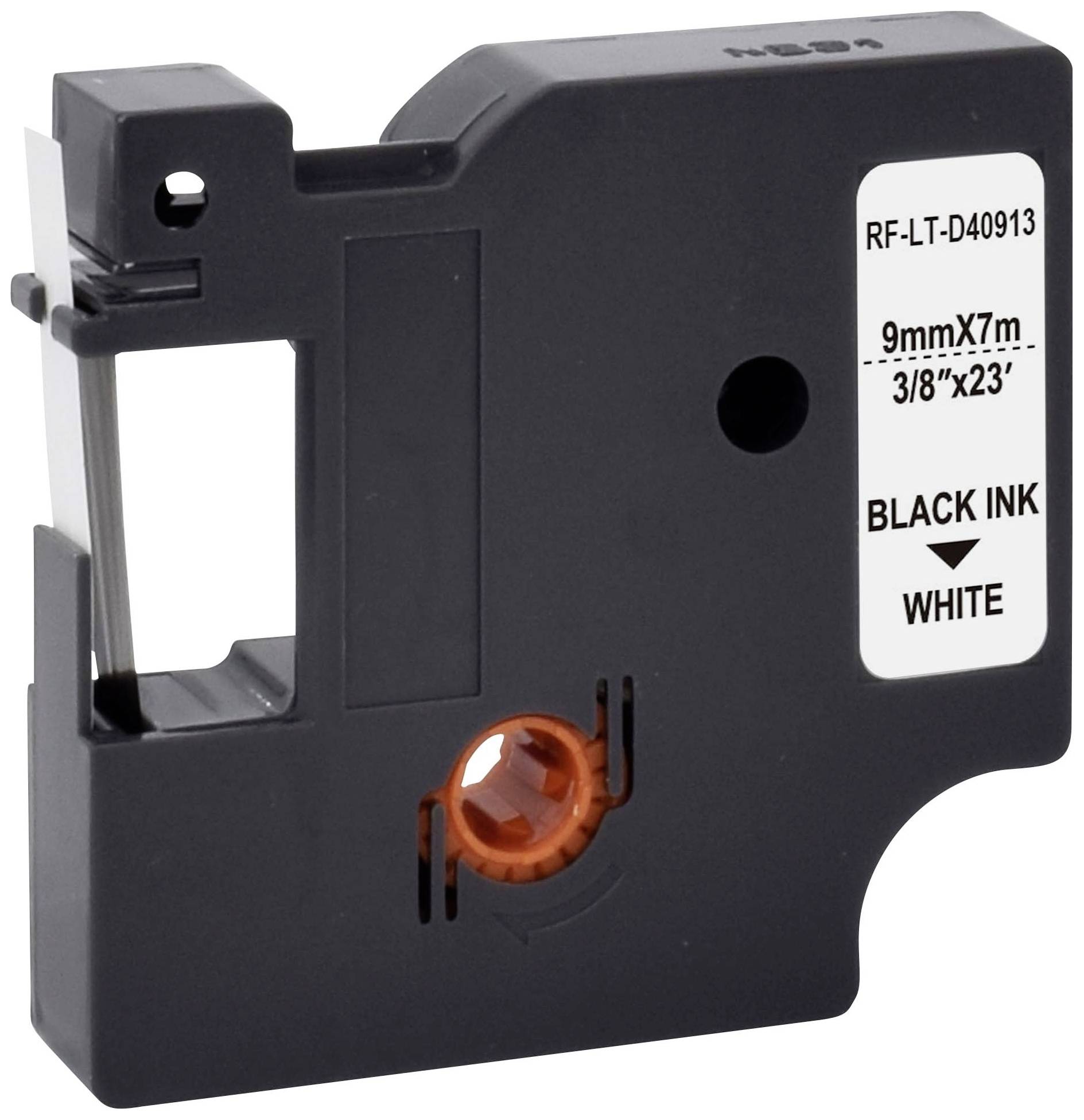 Eine schwarze Etikettenkassette der Größe 9mm x 7m mit weißem Text 'BLACK INK - WHITE'.