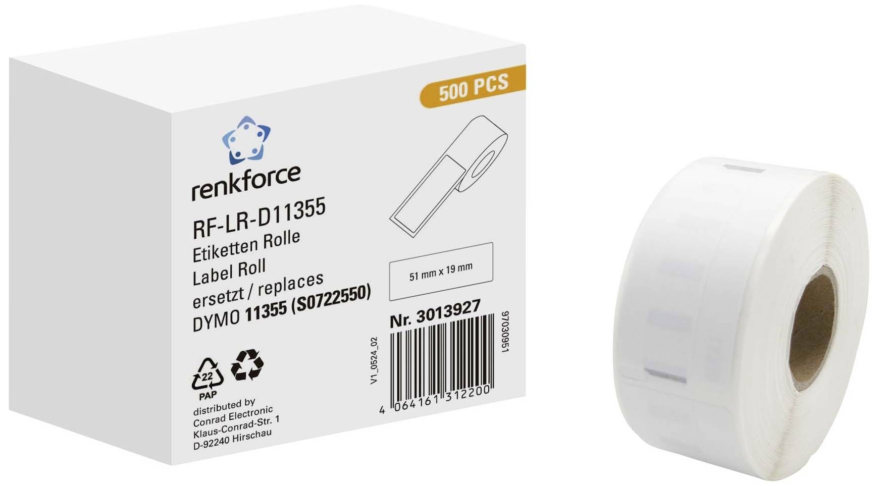 Etikettenrolle mit 500 Stück von Renkforce. Kompatibel mit DYMO 11355. Größe der Etiketten: 51 mm x 19 mm.