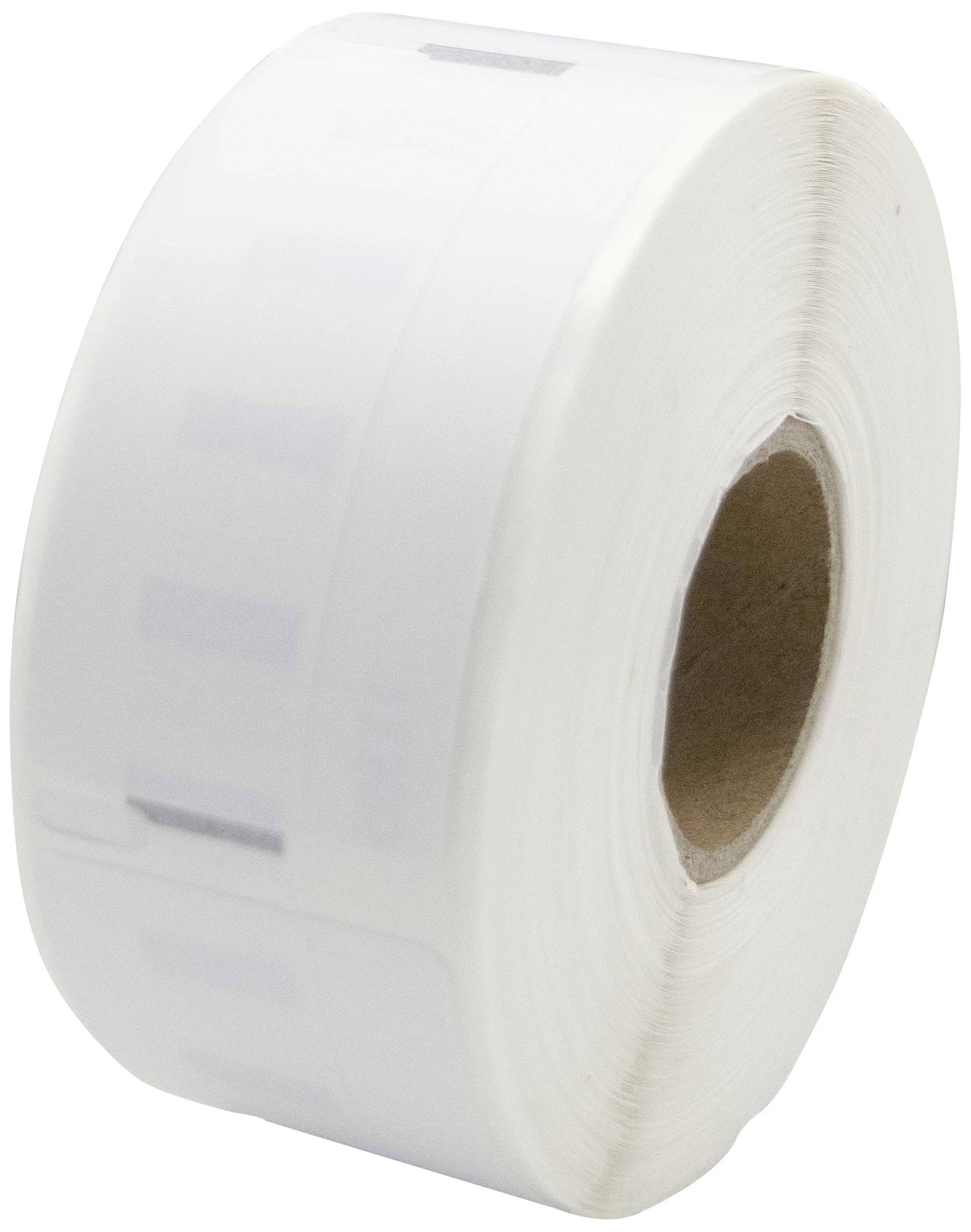 Weiße Rolle mit Etiketten, die aus Papier bestehen. Sie ist für Drucker geeignet und hat einen braunen Pappkern.