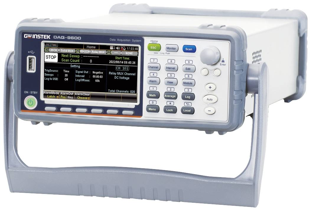 Multifunktionales Datenaufnahmesystem mit digitalem Display und Tastenfeld, zeigt Messdaten und Statusinformationen an.