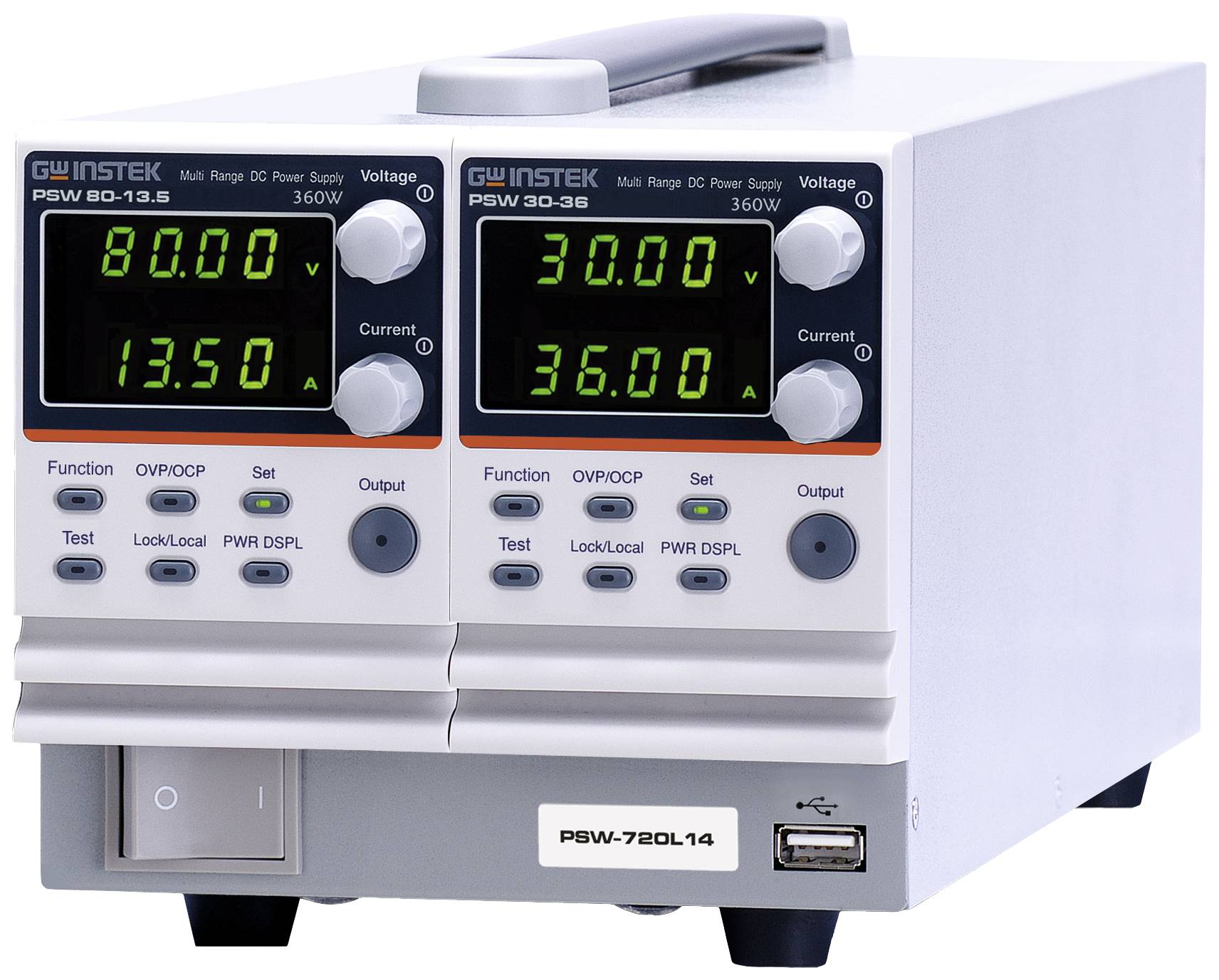 Duales Netzteil GW Instek PSW, 80V/13.5A und 30V/36A, mit Displayanzeigen und Bedienelementen für Spannung und Strom.