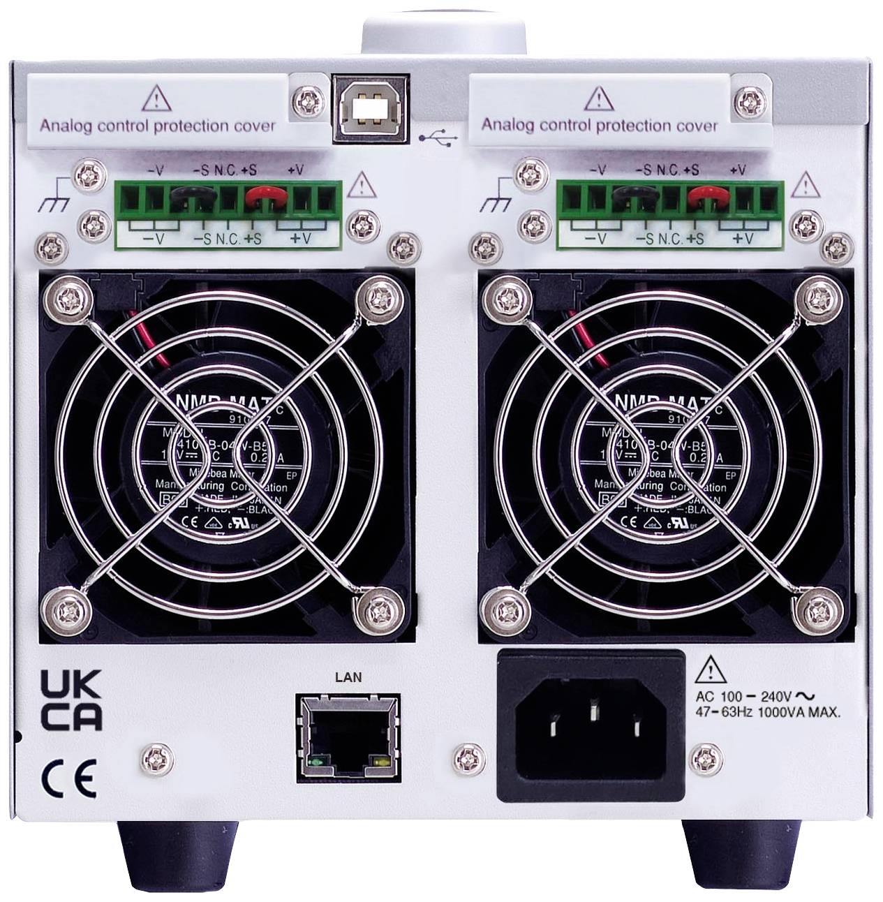 Rückseite eines elektronischen Geräts mit zwei Lüftungsgittern, Anschlüssen für LAN und Strom, sowie zwei analoge Kontrollschutzabdeckungen.