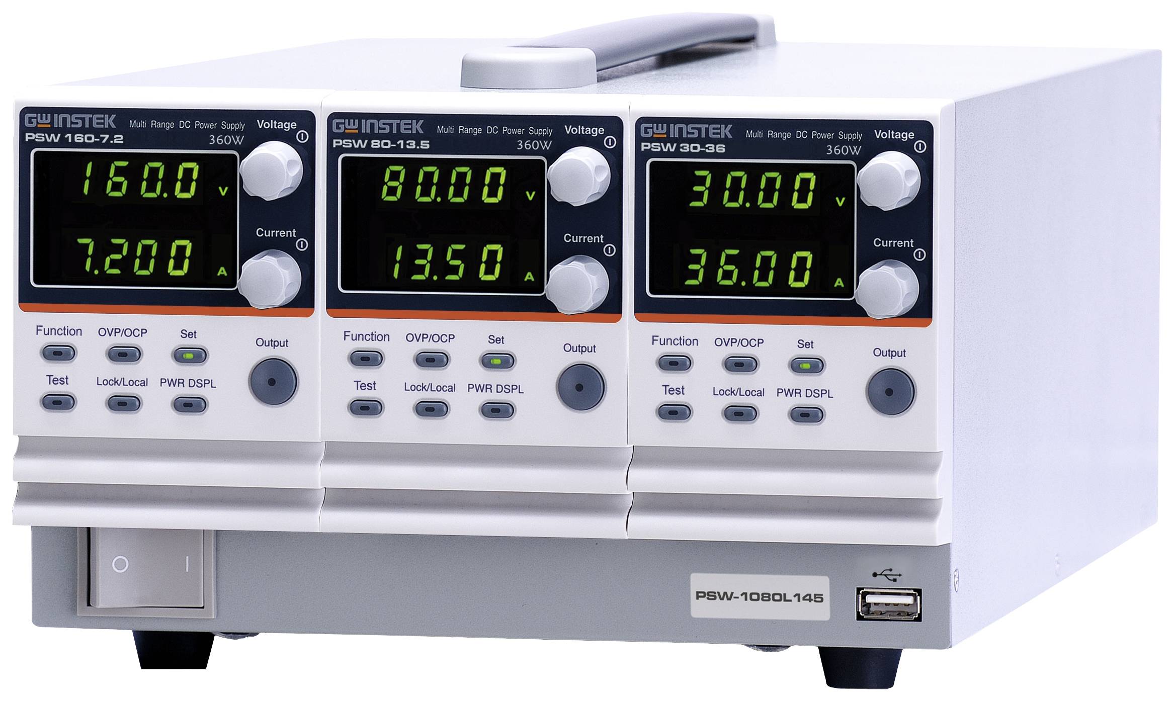 Dreikanal-Netzgerät mit separaten Anzeigen für Spannung und Stromstärke. Anzeigen zeigen: 160V/7.2A, 80V/13.5A, 30V/36A.