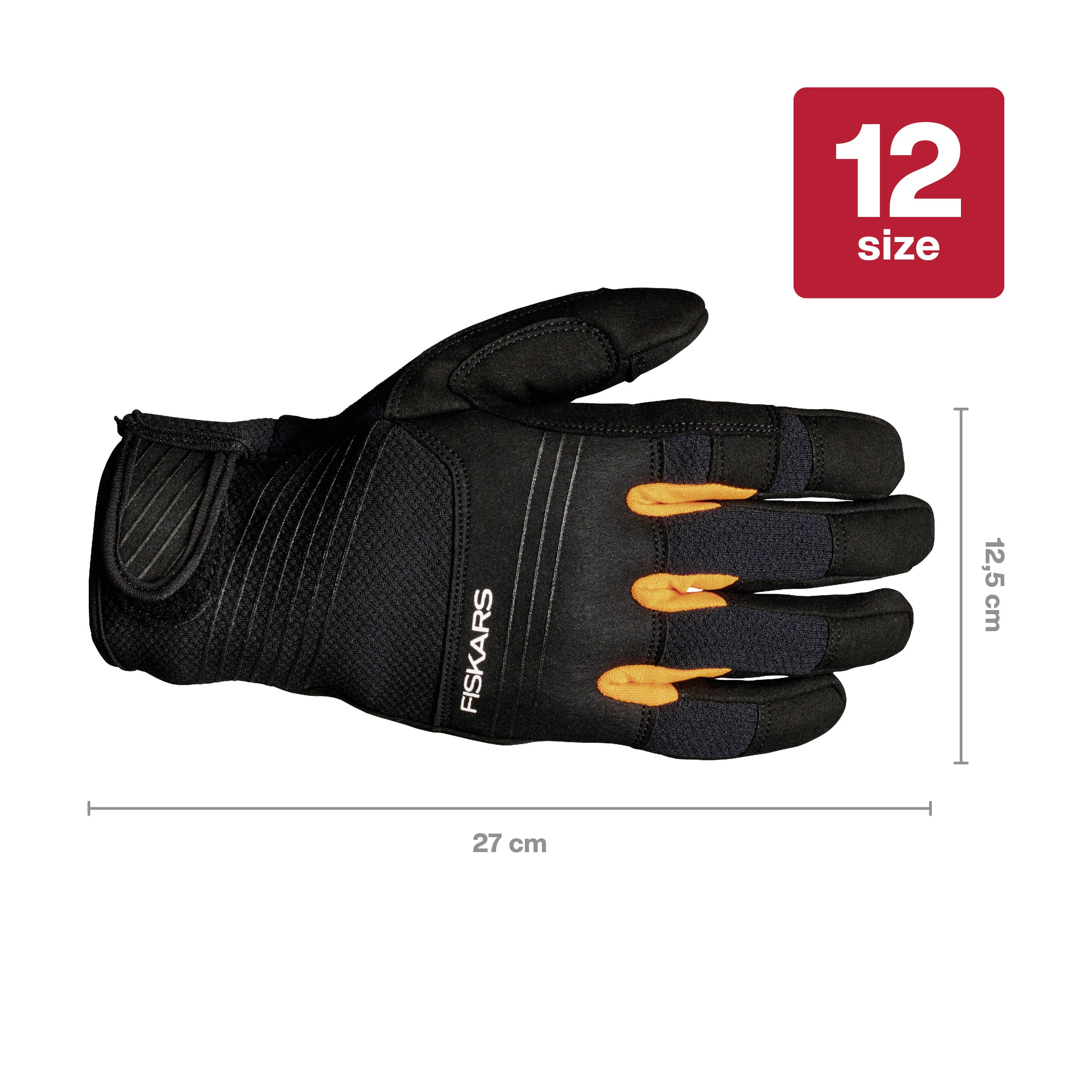 Herren-Arbeitshandschuh in Größe 12. Schwarz mit orangefarbenen Fingerspitzen. Gesamtlänge: 27 cm, Breite: 12,5 cm.