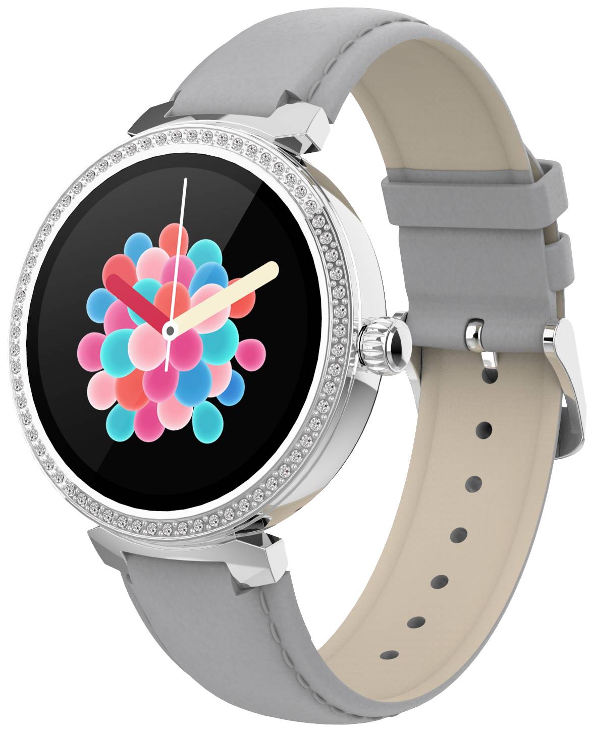 Eine moderne Armbanduhr mit grauem Lederarmband, rundem Zifferblatt und einem bunten digitalen Ziffernblatt-Design.