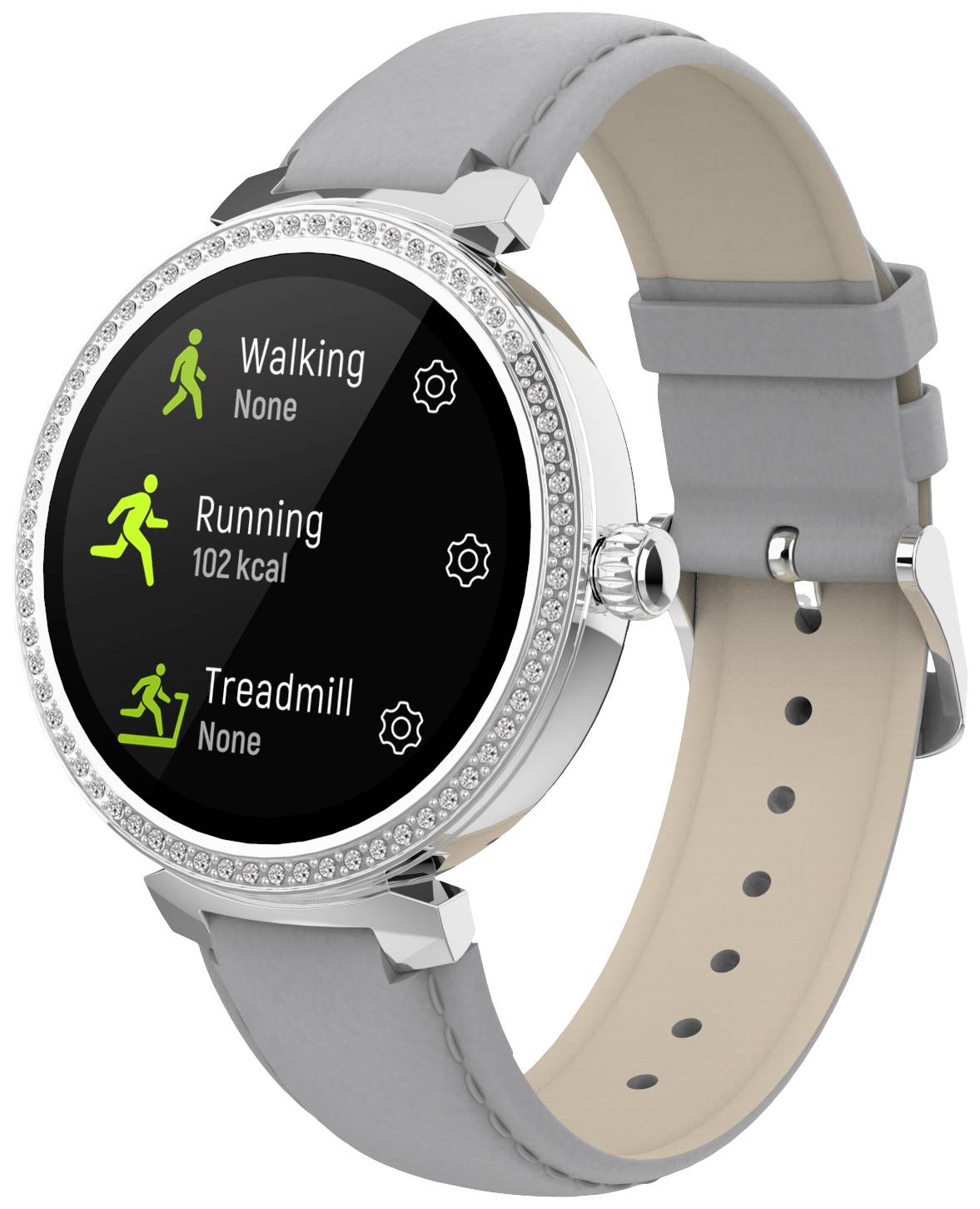 Eine Smartwatch mit rundem Display zeigt Fitness-Apps: 'Walking None', 'Running 102 kcal', 'Treadmill None'. Graues Armband.