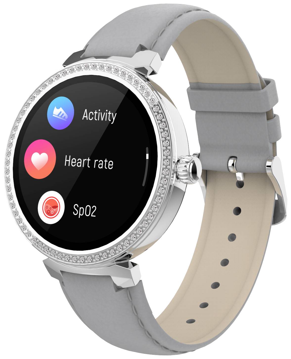 Silberne Smartwatch mit grauem Armband zeigt drei Icons auf dem Display: 'Aktivität', 'Herzfrequenz' und 'SpO2'.
