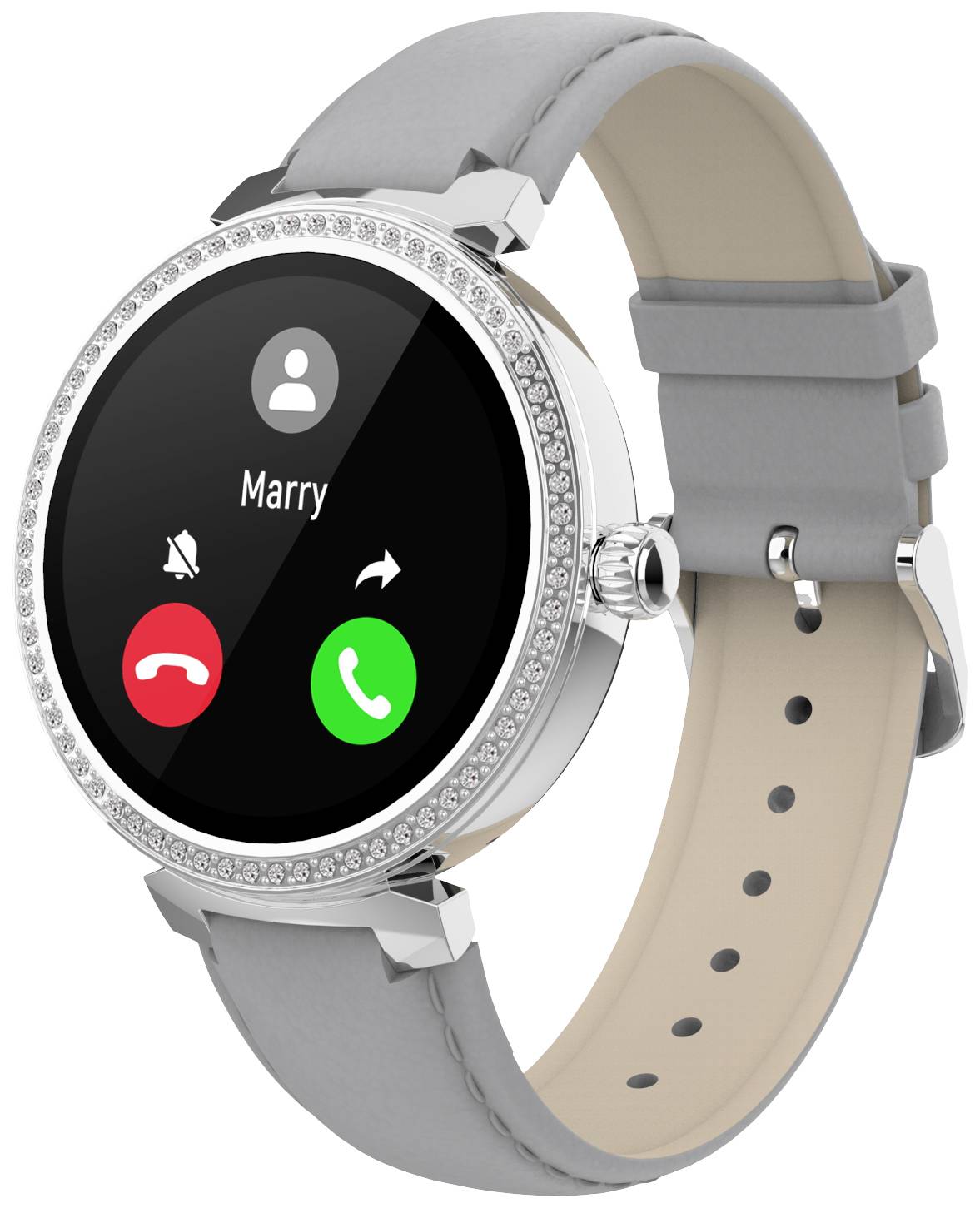 Silberne Smartwatch mit grauem Armband. Auf dem Display wird ein eingehender Anruf von 'Marry' angezeigt. Optionen für Annehmen oder Ablehnen.