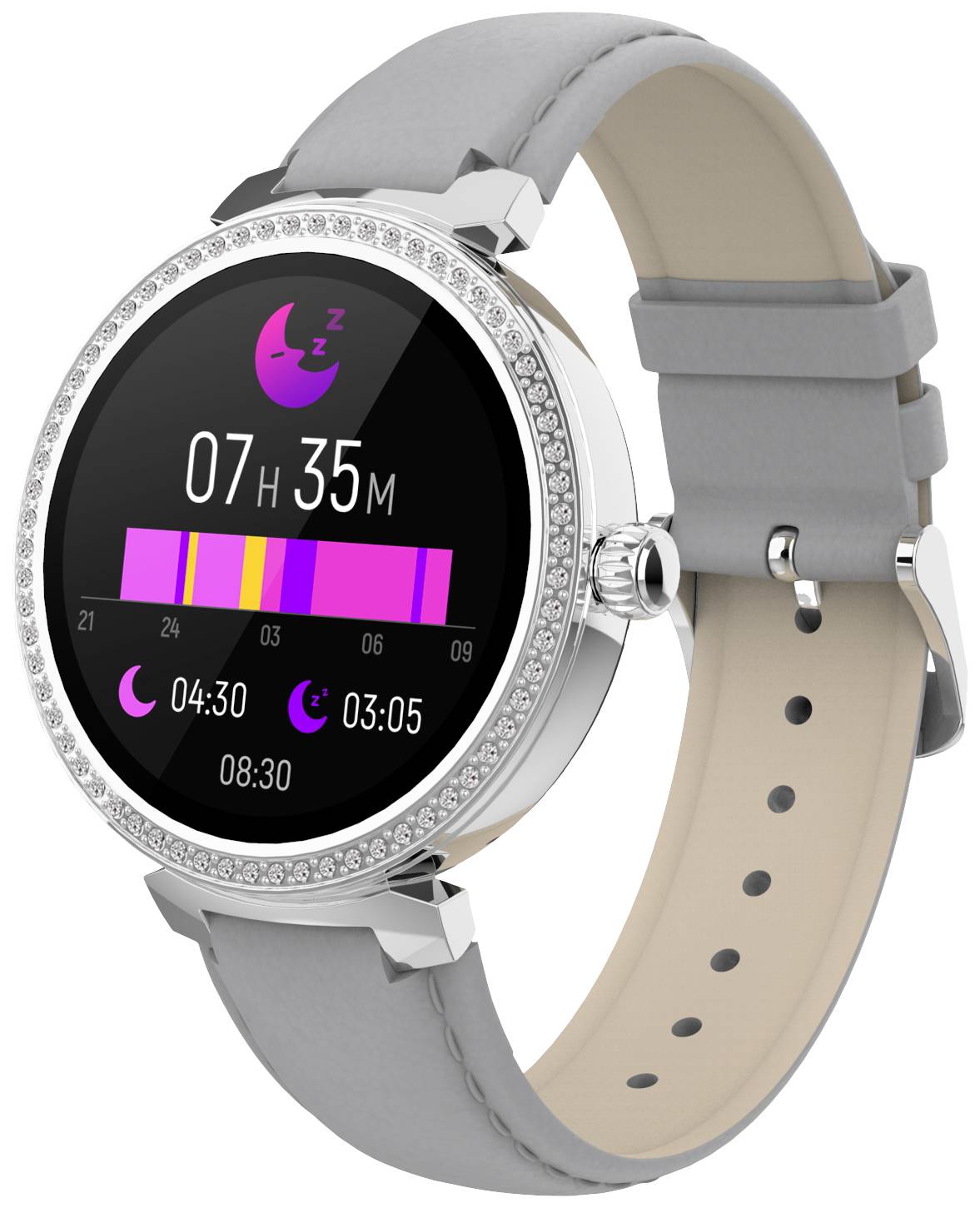 Eine runde Smartwatch mit grauem Armband zeigt eine Schlafanalyse. Der Bildschirm zeigt Schlafdauer, Schlafphasen und Weckzeit an.