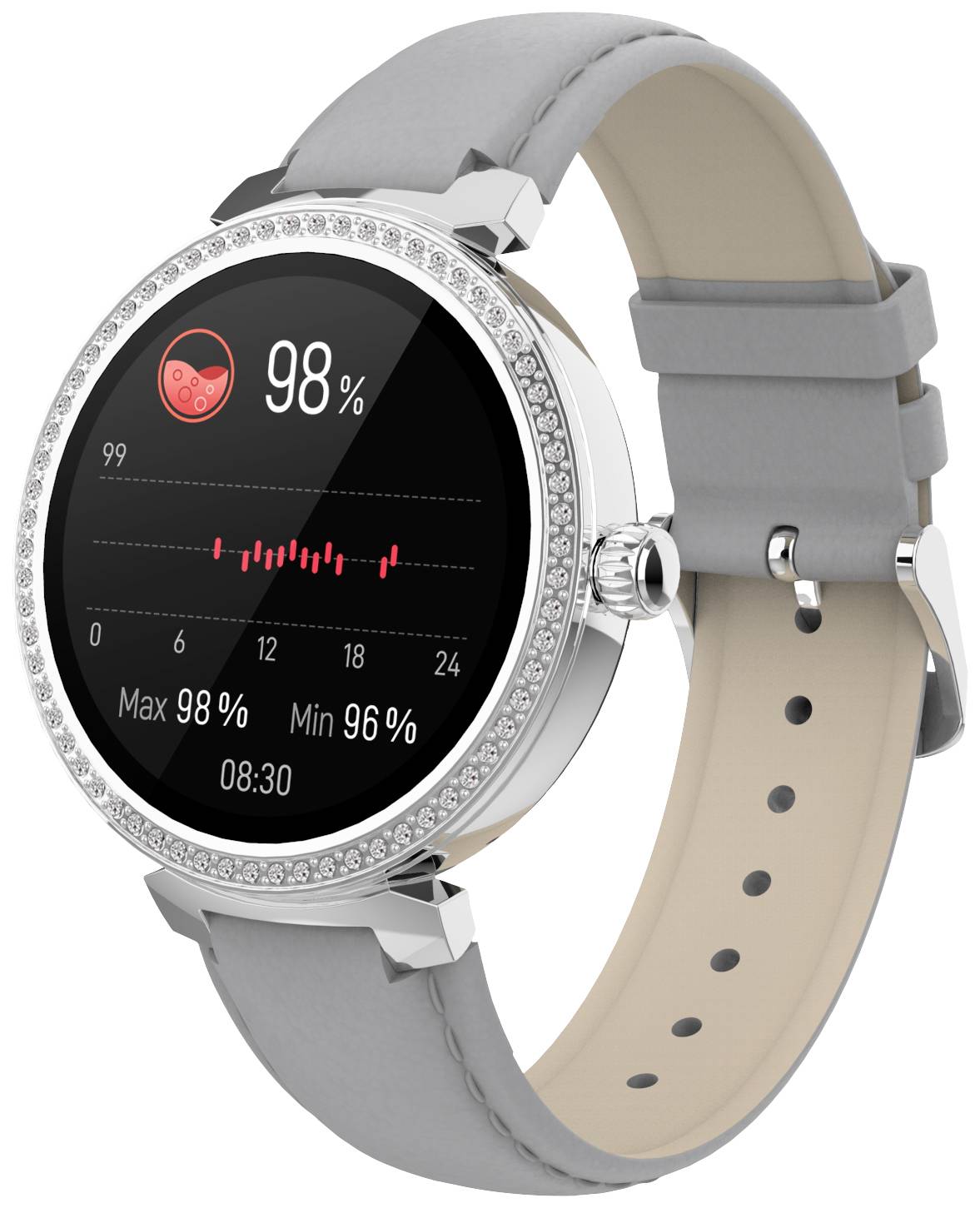 Runde Silber-Smartwatch mit grauem Armband zeigt auf dem Display eine Herzfrequenz von 98% und einen roten Herzgrafik über einem Diagramm.