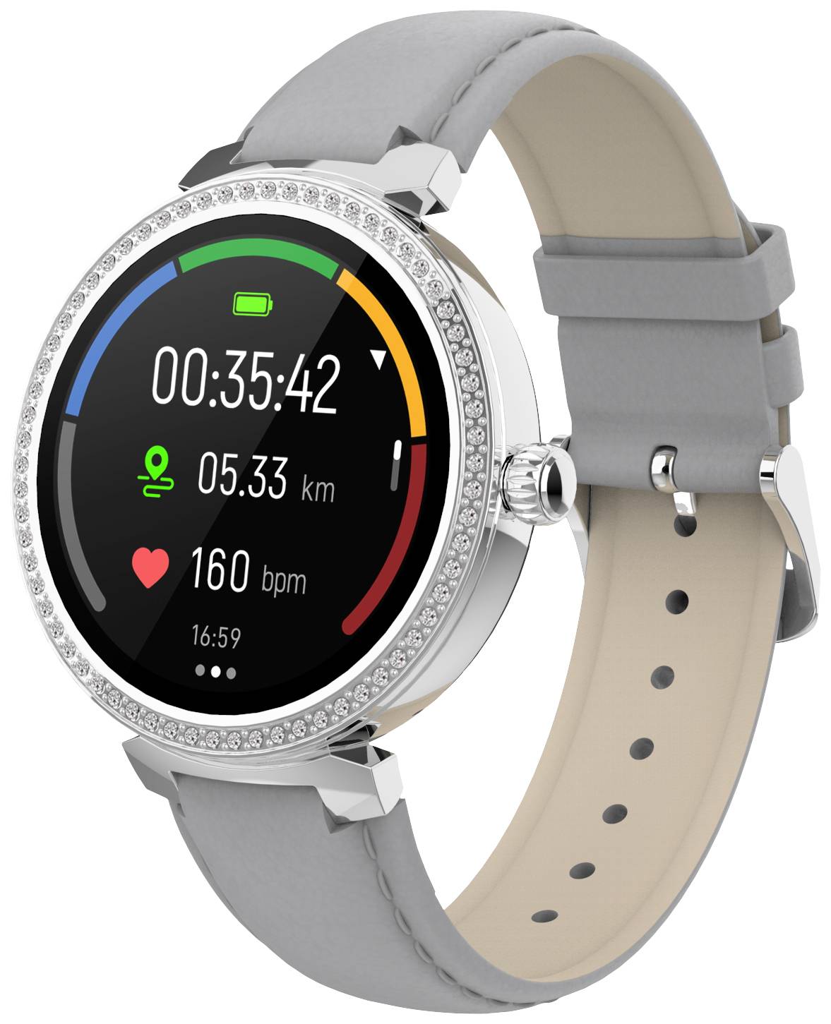 Eine Smartwatch mit kreisförmigem Display zeigt die Zeit, zurückgelegte Distanz von 5,33 km und eine Herzfrequenz von 160 bpm an.