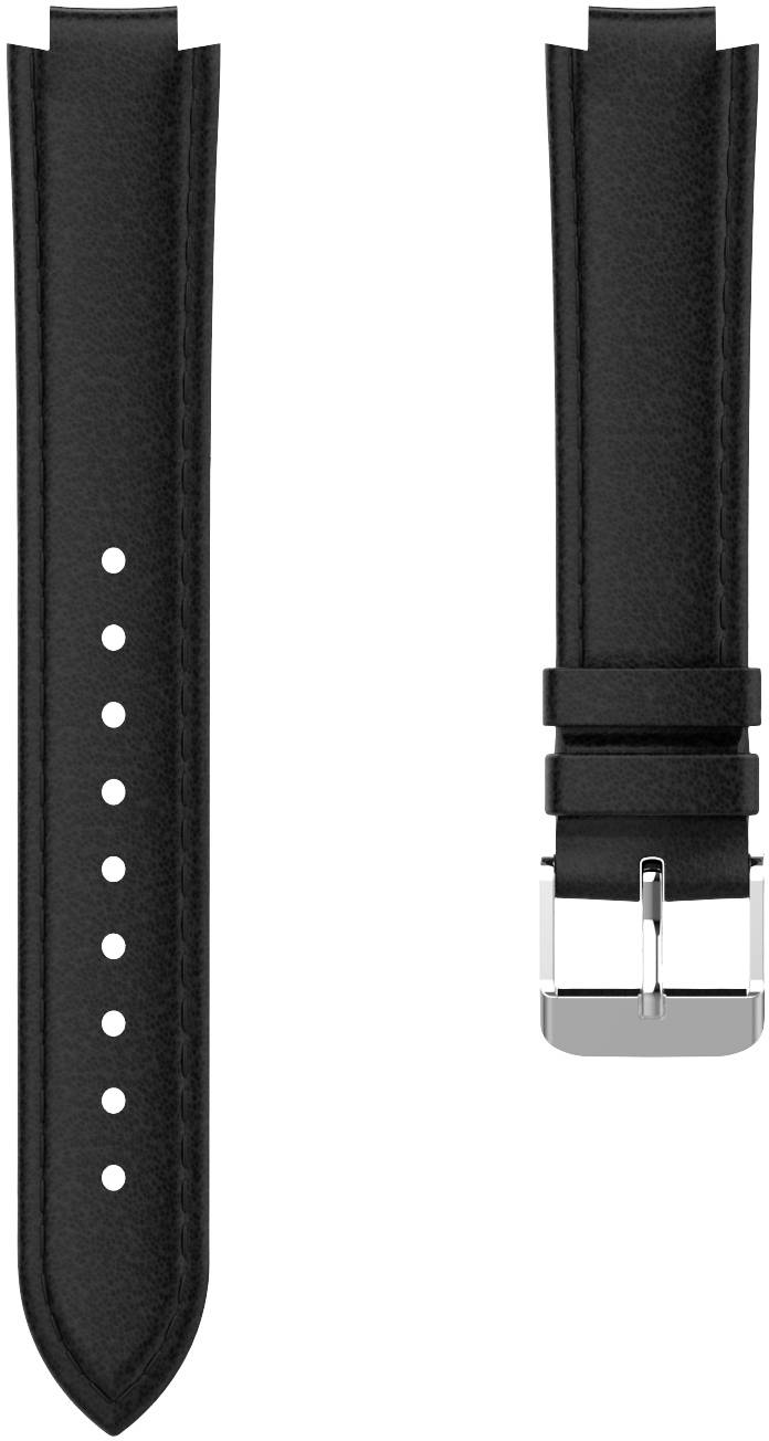 Schwarzes Lederarmband für eine Uhr mit silberner Schließe und mehreren Löchern zur Größenanpassung. Links ungeöffnet, rechts geschlossen.