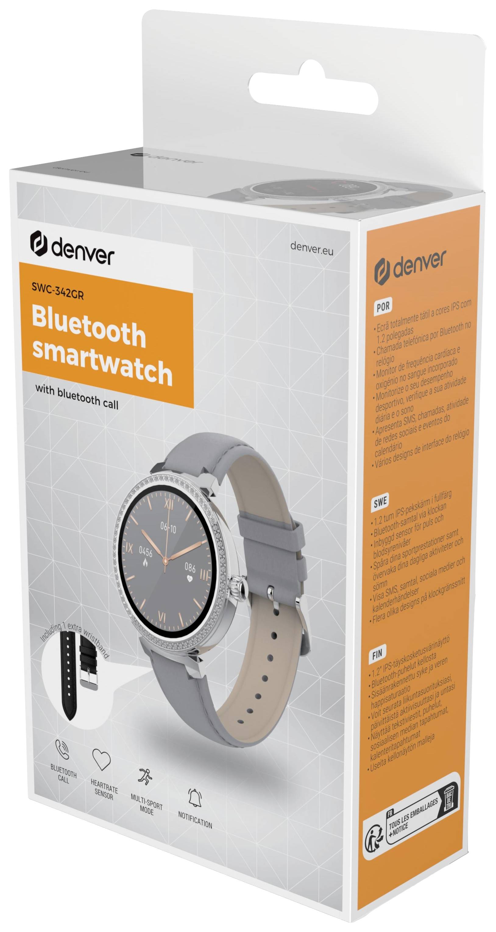 Verpackung einer grauen Bluetooth-Smartwatch von Denver; Uhr mit braunem Armband abgebildet; Hauptfunktionen und Spezifikationen auf der Verpackung.