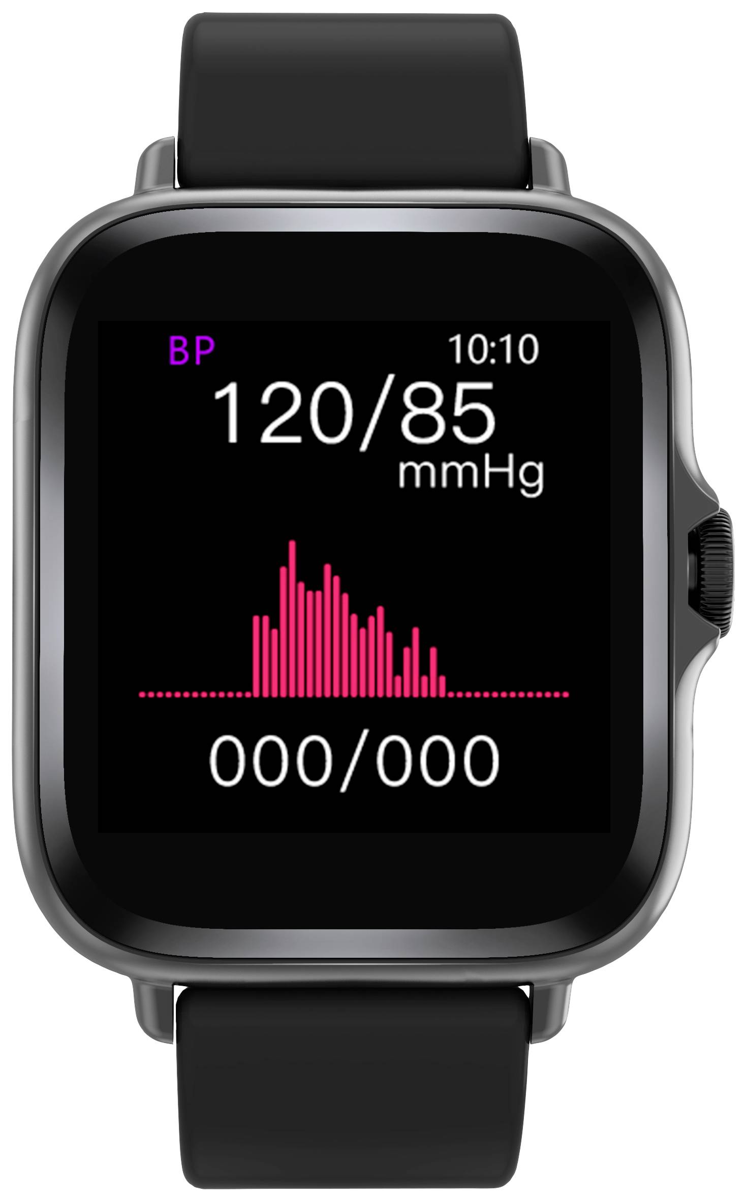 Smartwatch mit Anzeige des Blutdrucks: 120/85 mmHg. Diagramm zeigt Pulsverlauf. Uhrzeit: 10:10. Armband schwarz.