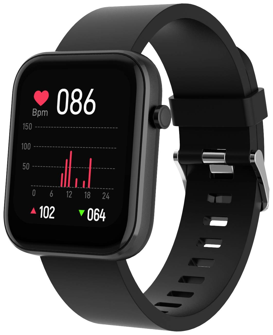 Schwarze Smartwatch zeigt Herzfrequenz von 86 BPM. Bildschirm zeigt Diagramm mit 24-Stunden-Verlauf und aktuellem Puls- und Kalorienverbrauch.