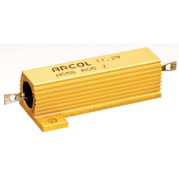 Goldener elektrischer Widerstand mit der Aufschrift 'ARCOL HS50 R05 J'. Wird in elektronischen Schaltungen verwendet.