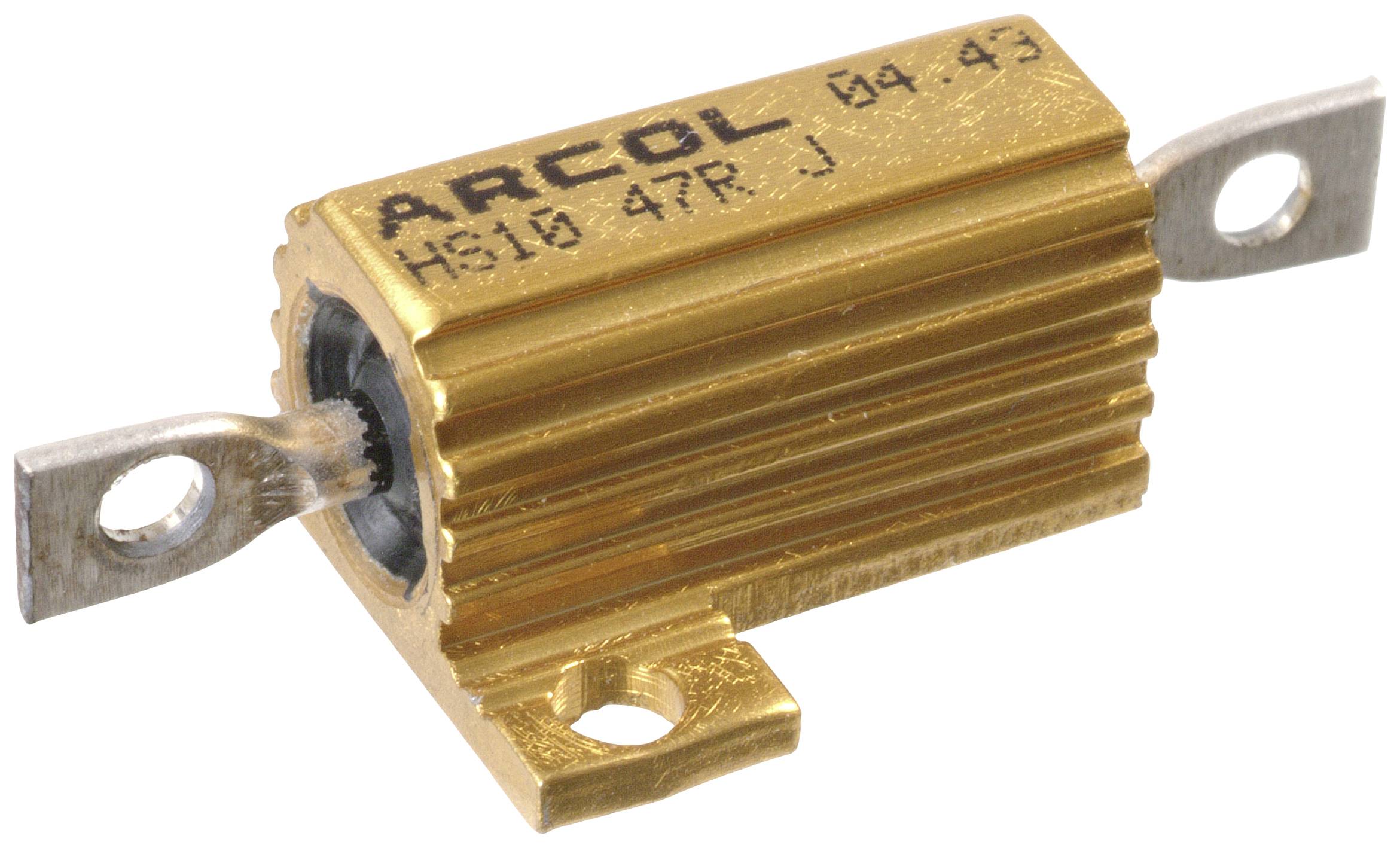 Goldener drahtgewickelter Widerstand mit der Aufschrift 'ARCOL HS10 47R J'. Geeignet für elektronische Schaltungen zur Strombegrenzung.